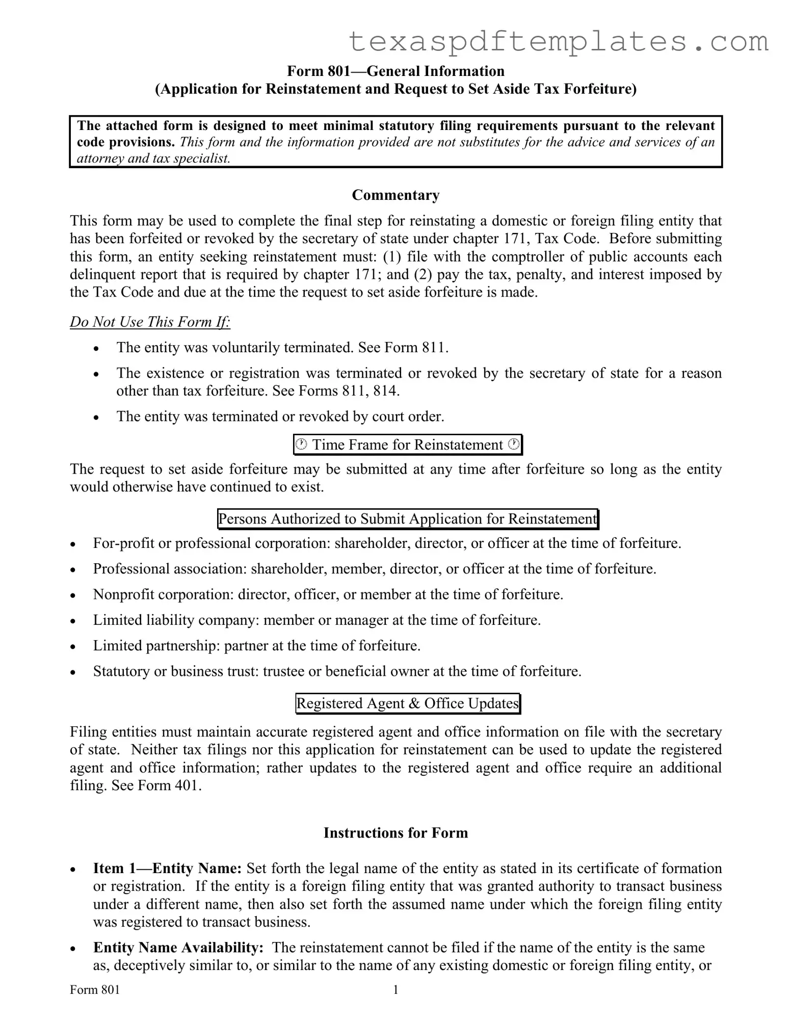 Blank 801 Texas PDF Template