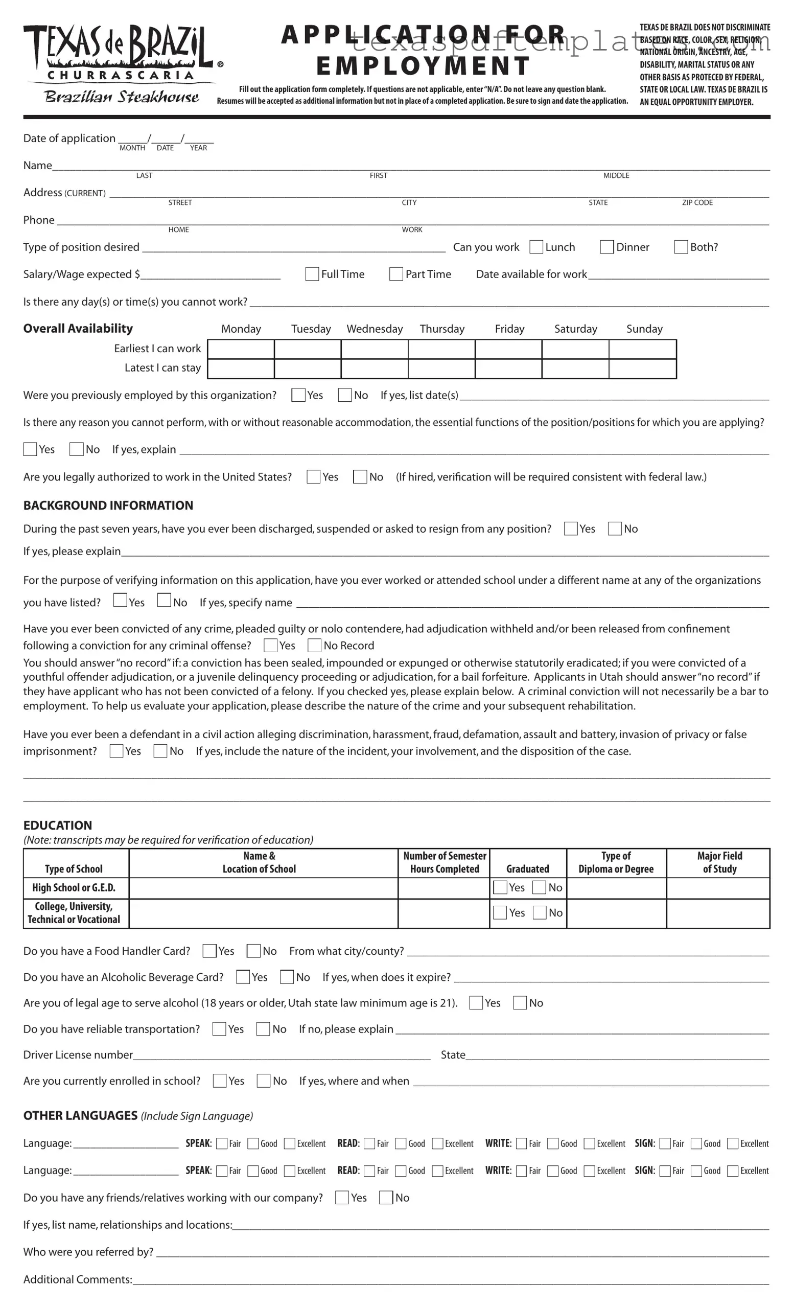 Blank Application For Texas De Brazil PDF Template