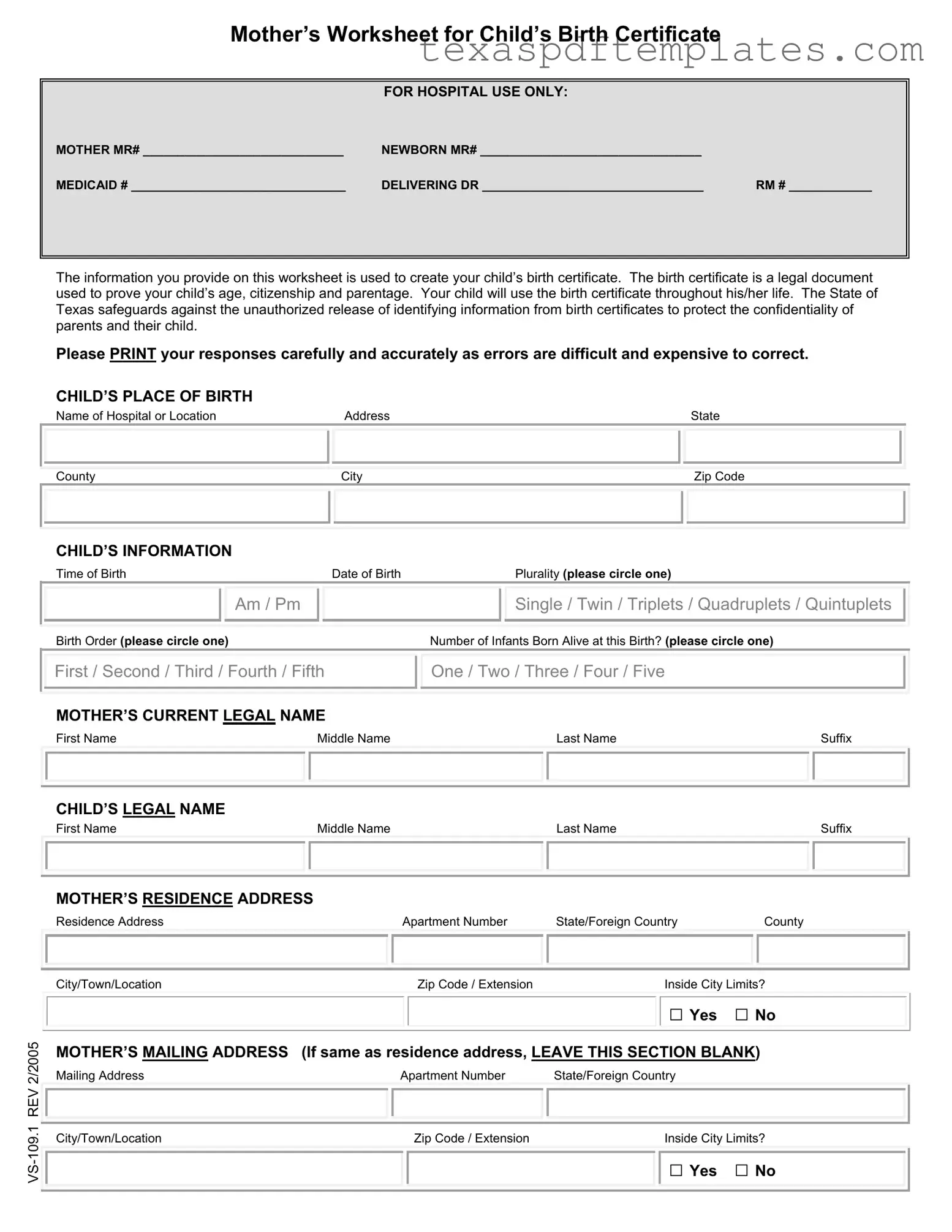 Blank Child Birth Certificate Texas PDF Template