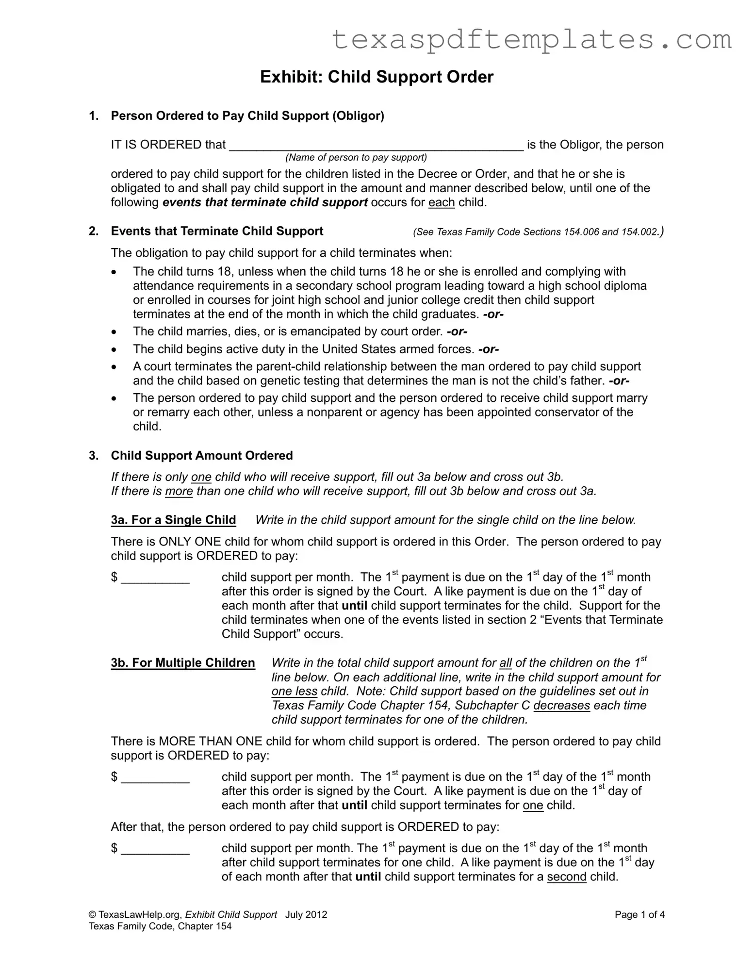 Blank Child Support Texas PDF Template