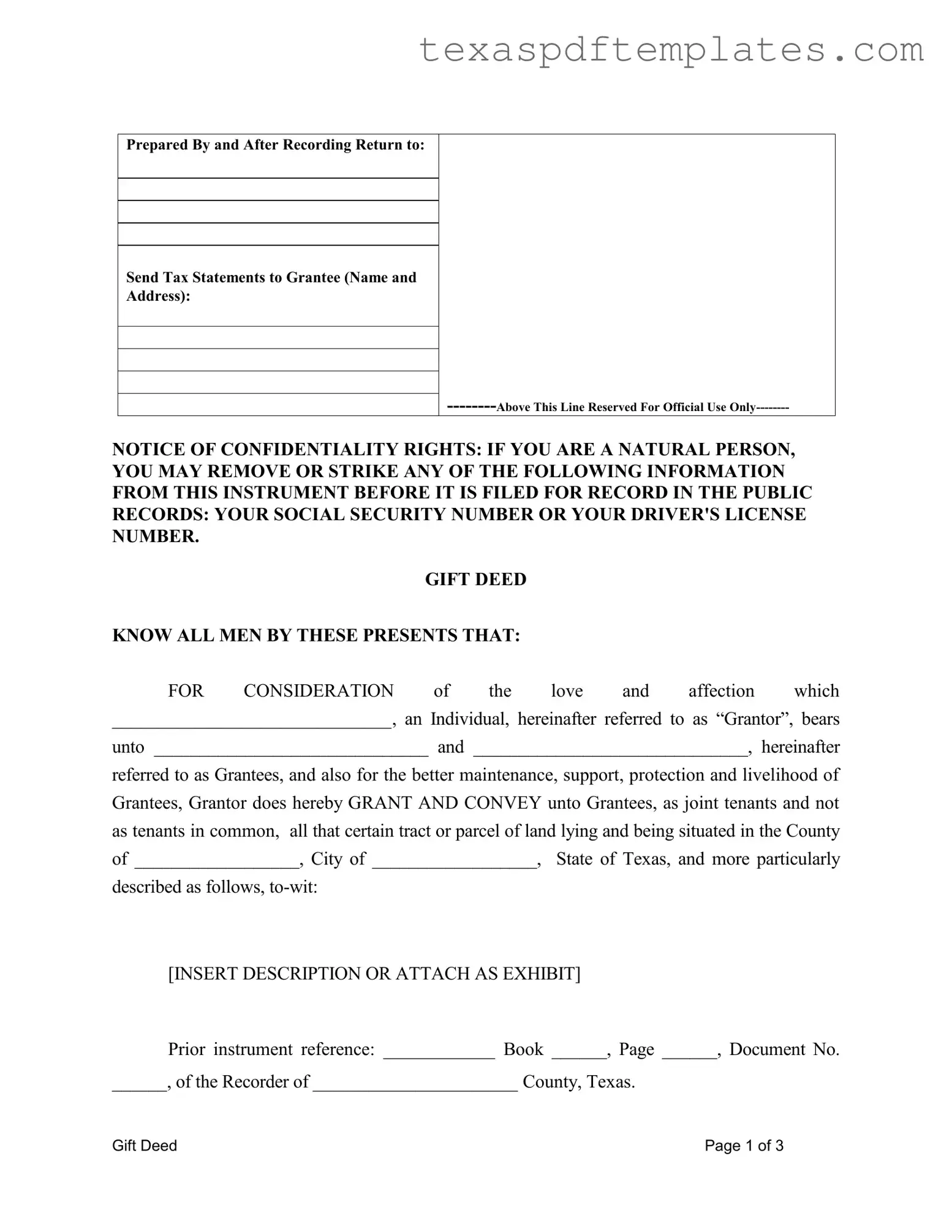 Blank Gift Deed Texas PDF Template