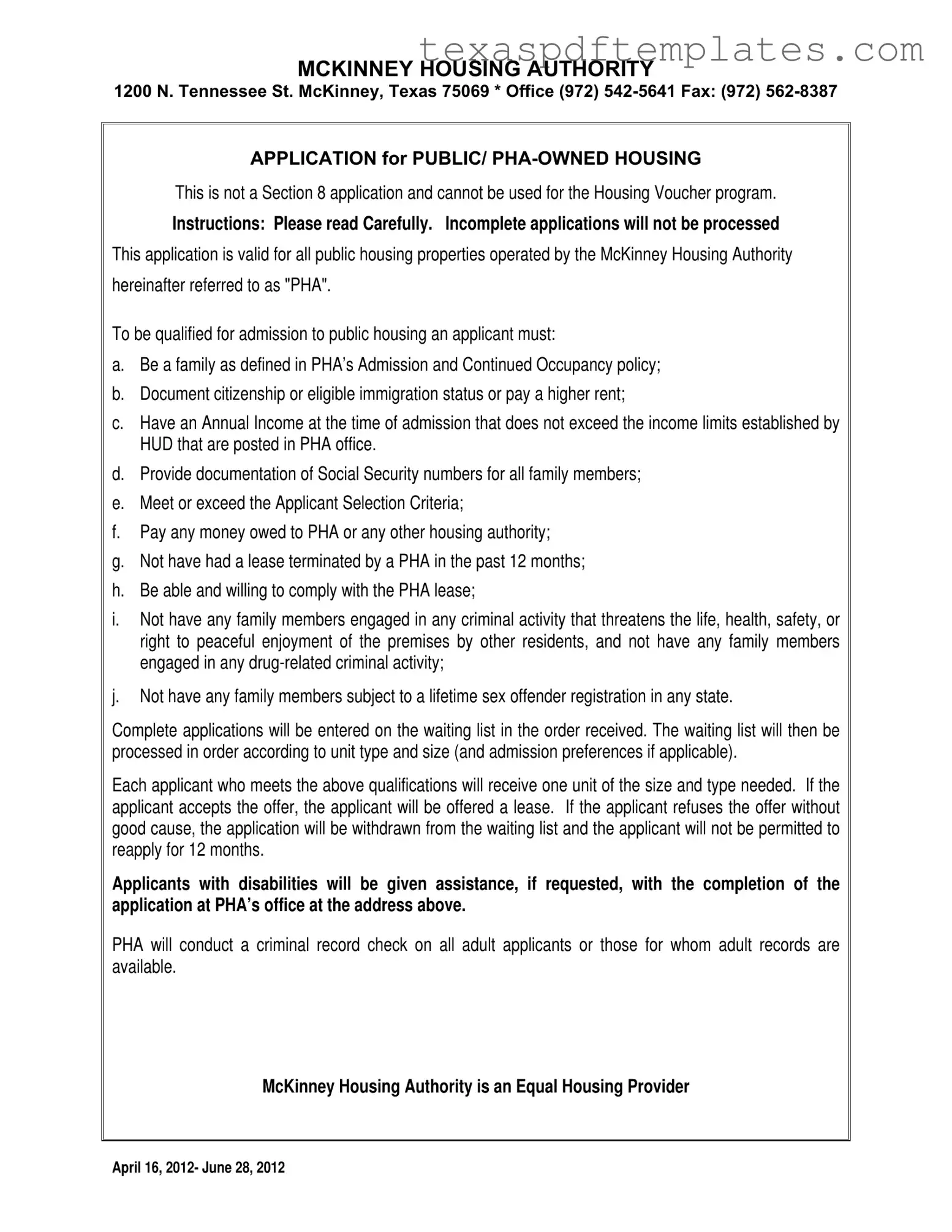 Blank Housing Authority Of Mckinney Texas PDF Template