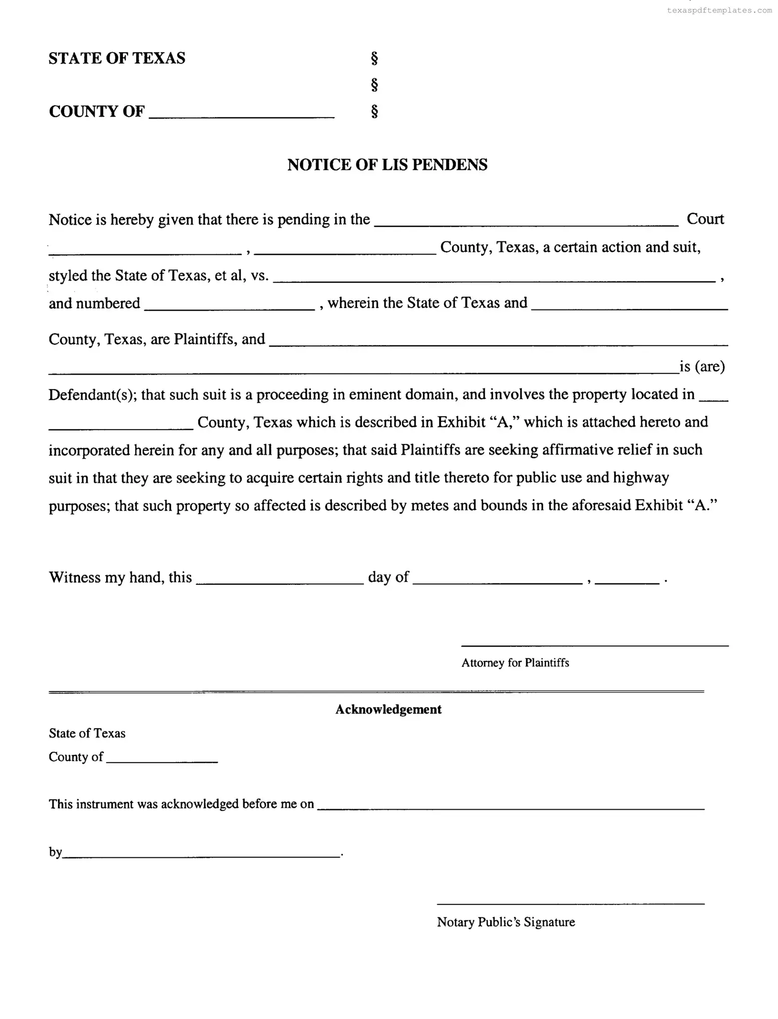 Blank Lis Pendens Texas PDF Template