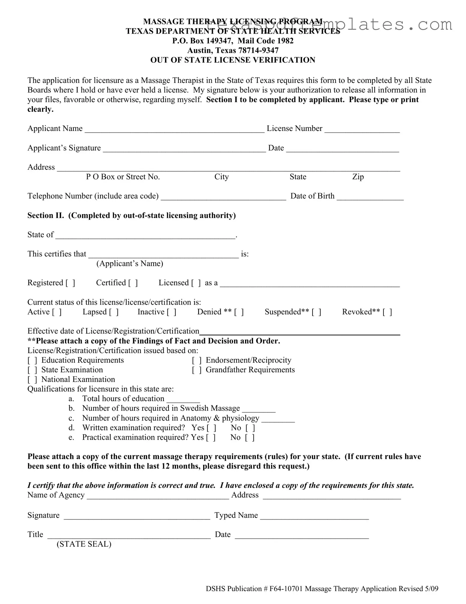 Blank Massage License Texas Lookup PDF Template