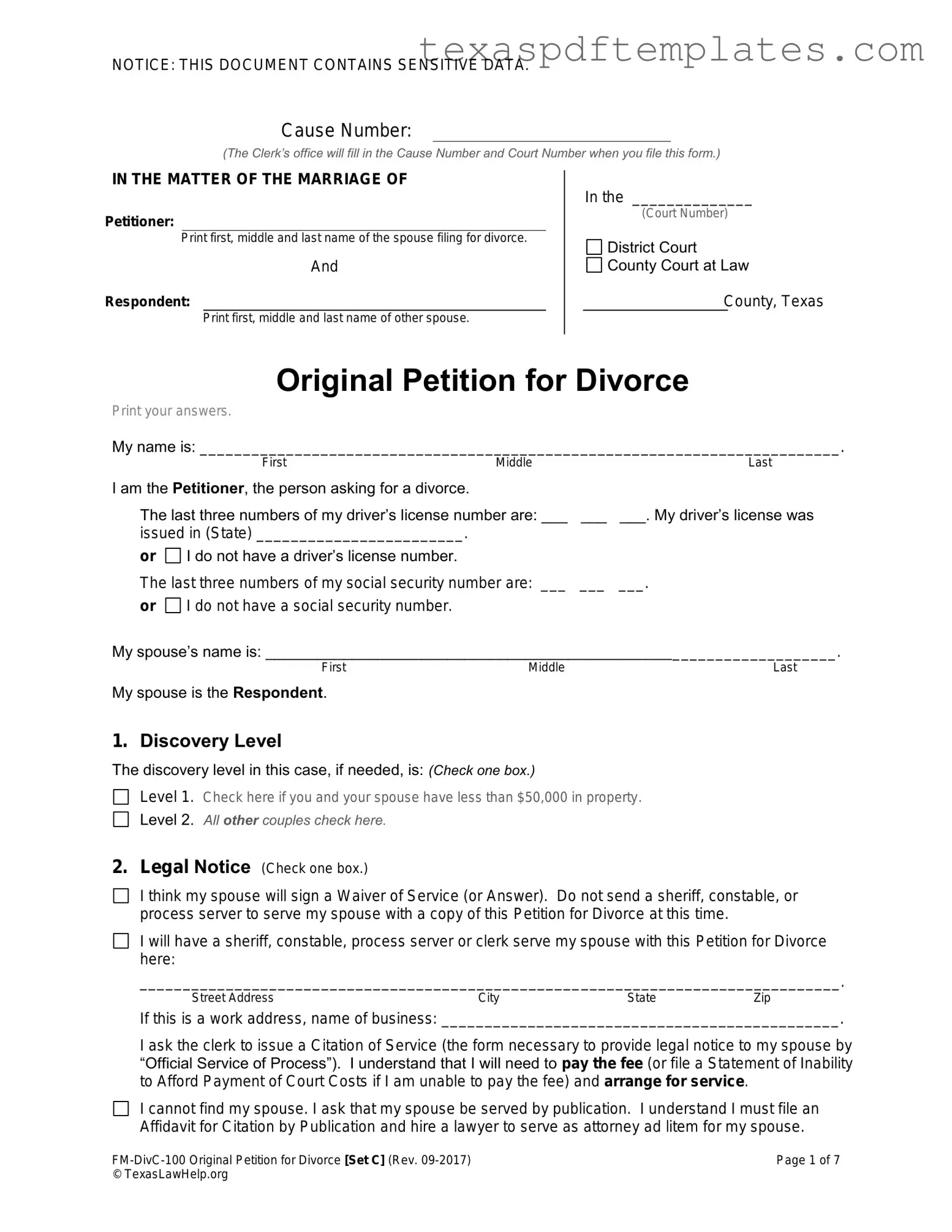 Blank Texas Law Help FM-DivC-100 Original Petition for Divorce Set C PDF Template
