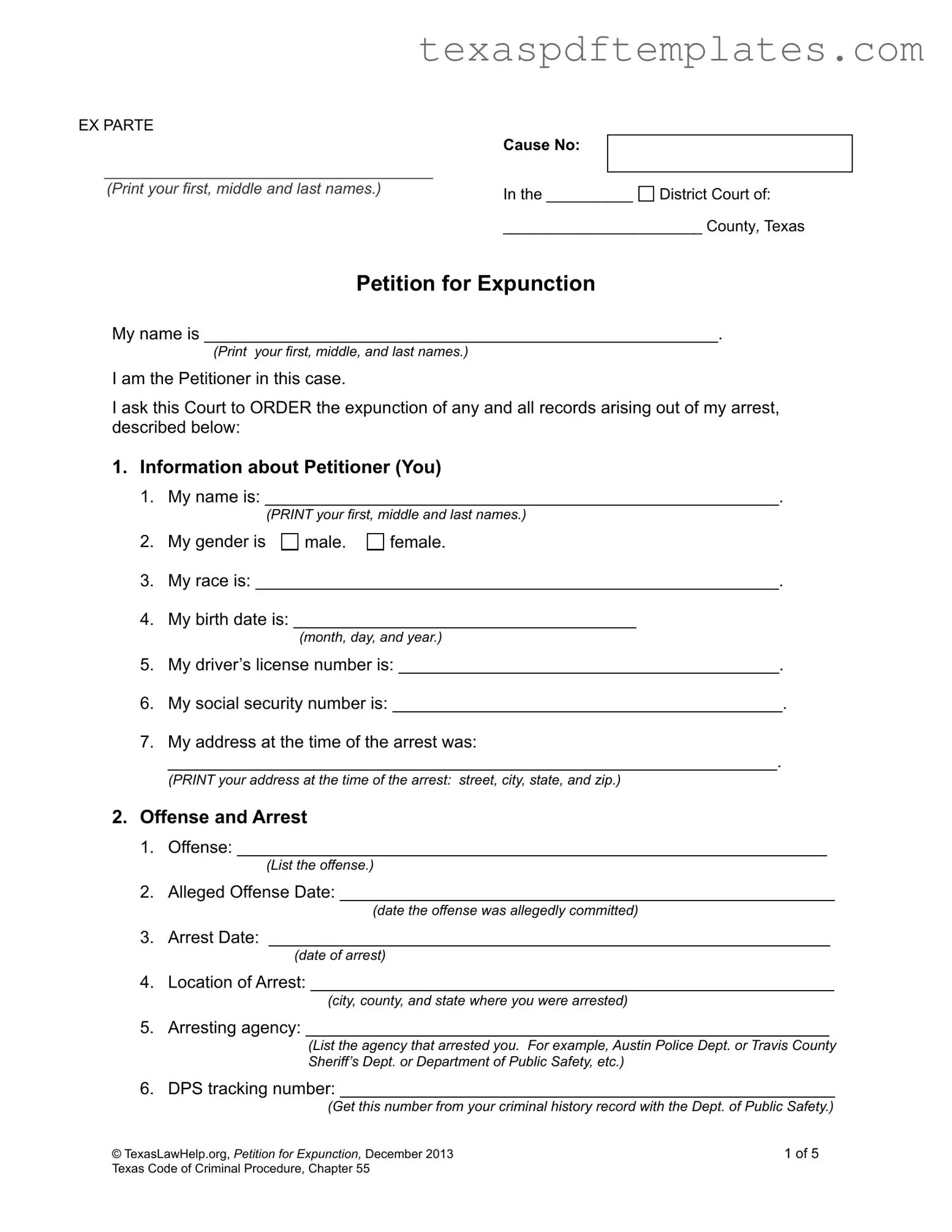 Blank Petition Expunction Texas PDF Template