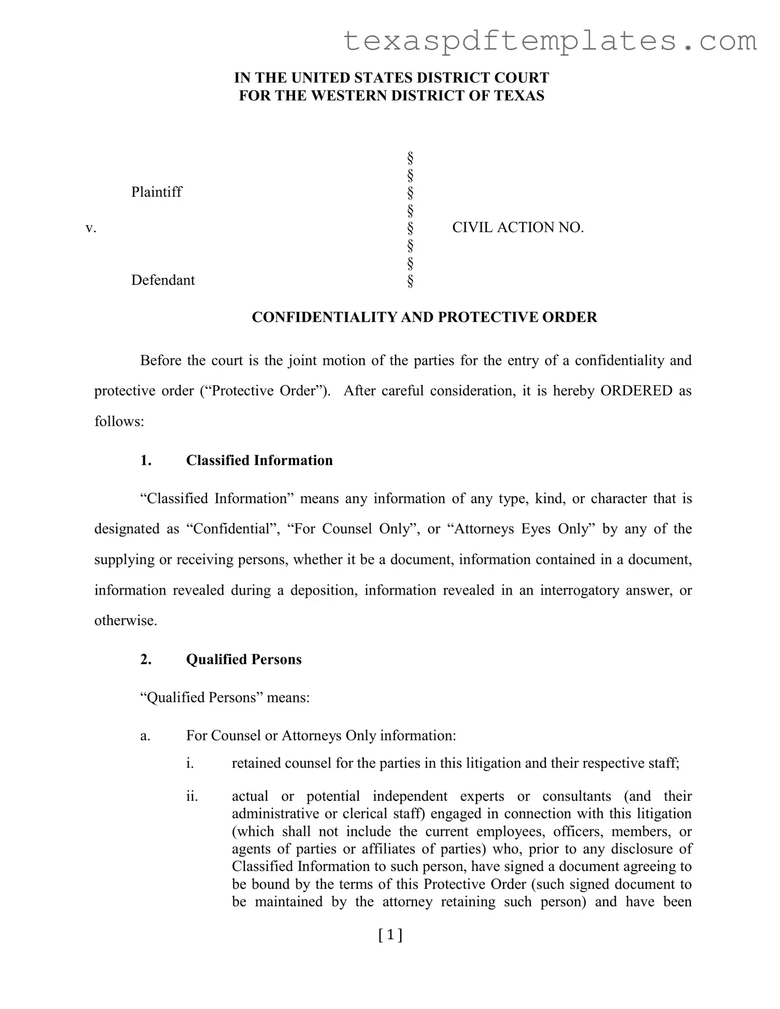 Blank Protective Order Western District Of Texas PDF Template