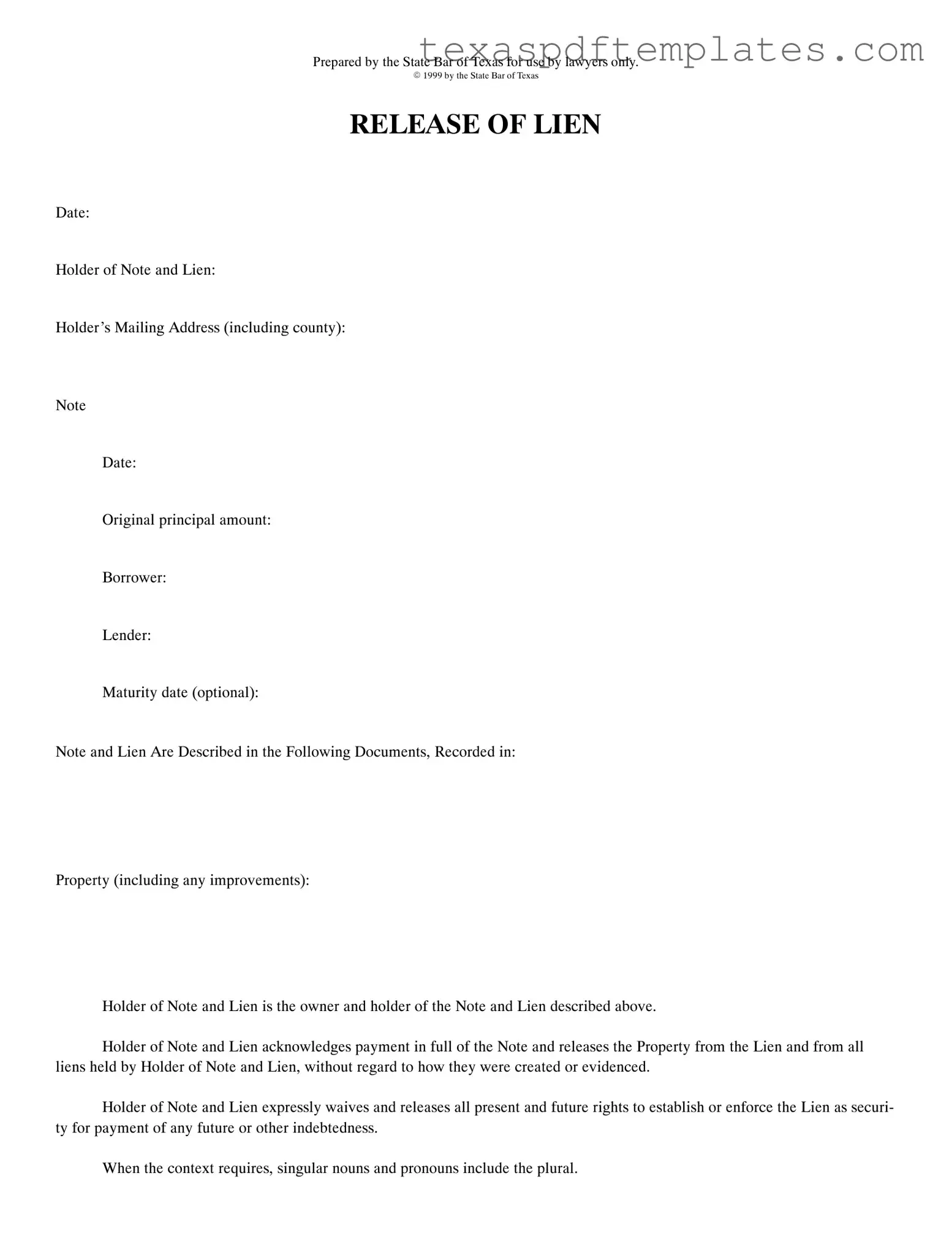 Blank Release Of Lien Texas PDF Template