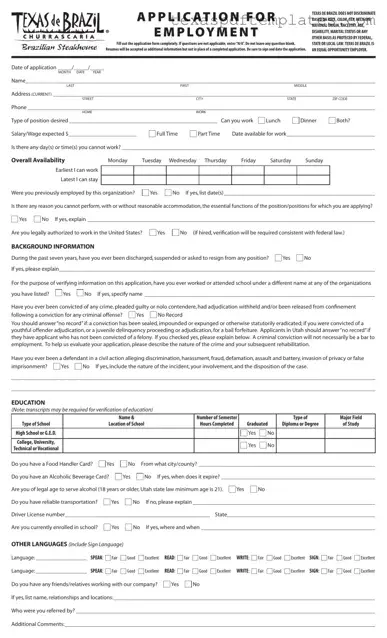 Blank Application For Texas De Brazil PDF Template