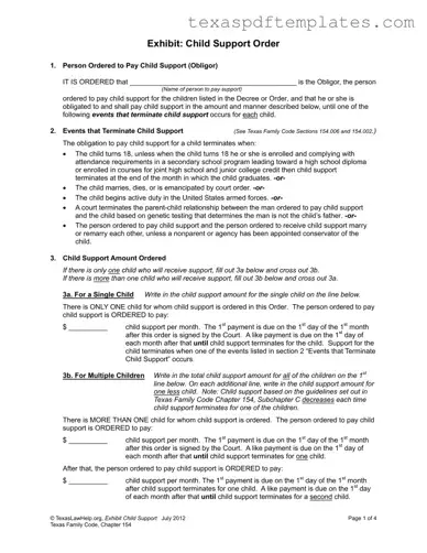 Blank Child Support Texas PDF Template