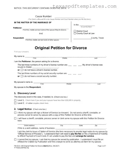 Blank Texas Law Help FM-DivC-100 Original Petition for Divorce Set C PDF Template