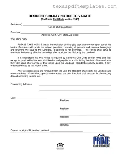 Blank Texas 30 Day Notice To Vacate PDF Template