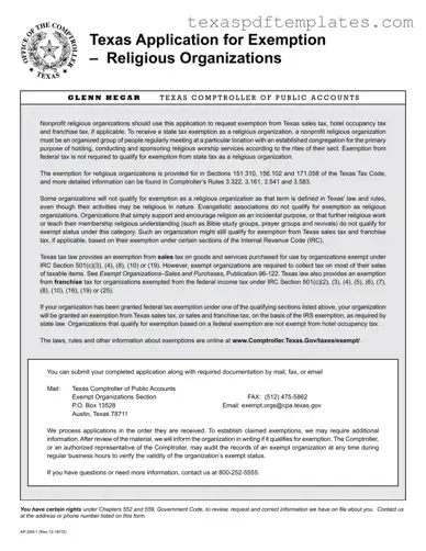 Blank Texas Application Exemption PDF Template