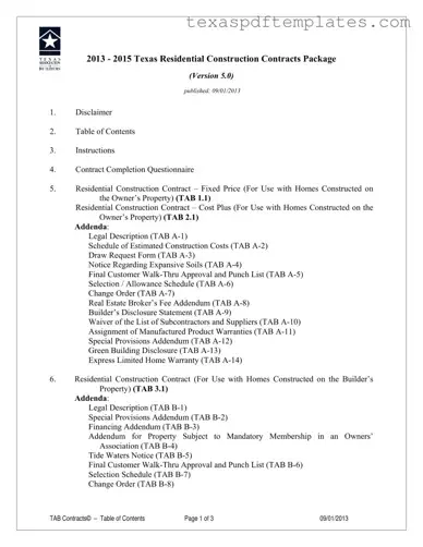 Blank Texas Builders Association Fixed Cost PDF Template