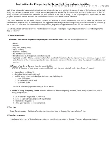 Blank Texas Civil Case Information Sheet PDF Template
