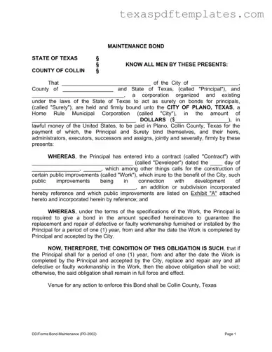 Blank Texas Maintenance Bond PDF Template