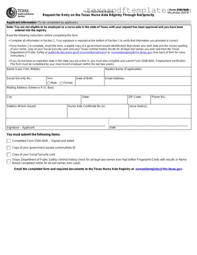 Blank Texas Nurse Aide Registry 5505-NAR PDF Template