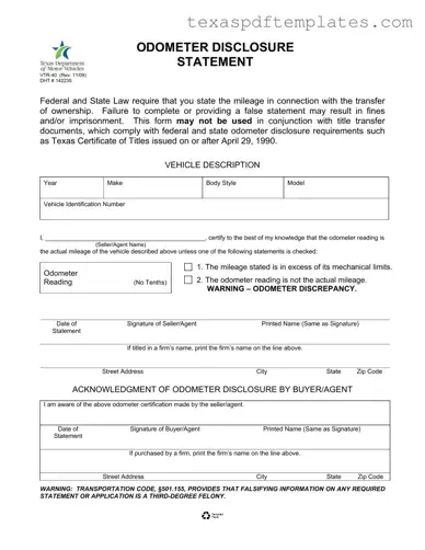 Blank Texas Odometer Statement PDF Template