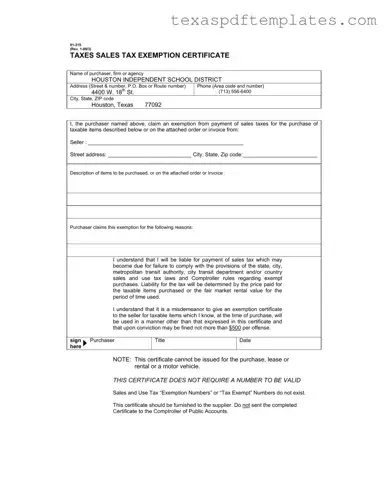 Blank Texas Sales Tax Exemption Certificate PDF Template