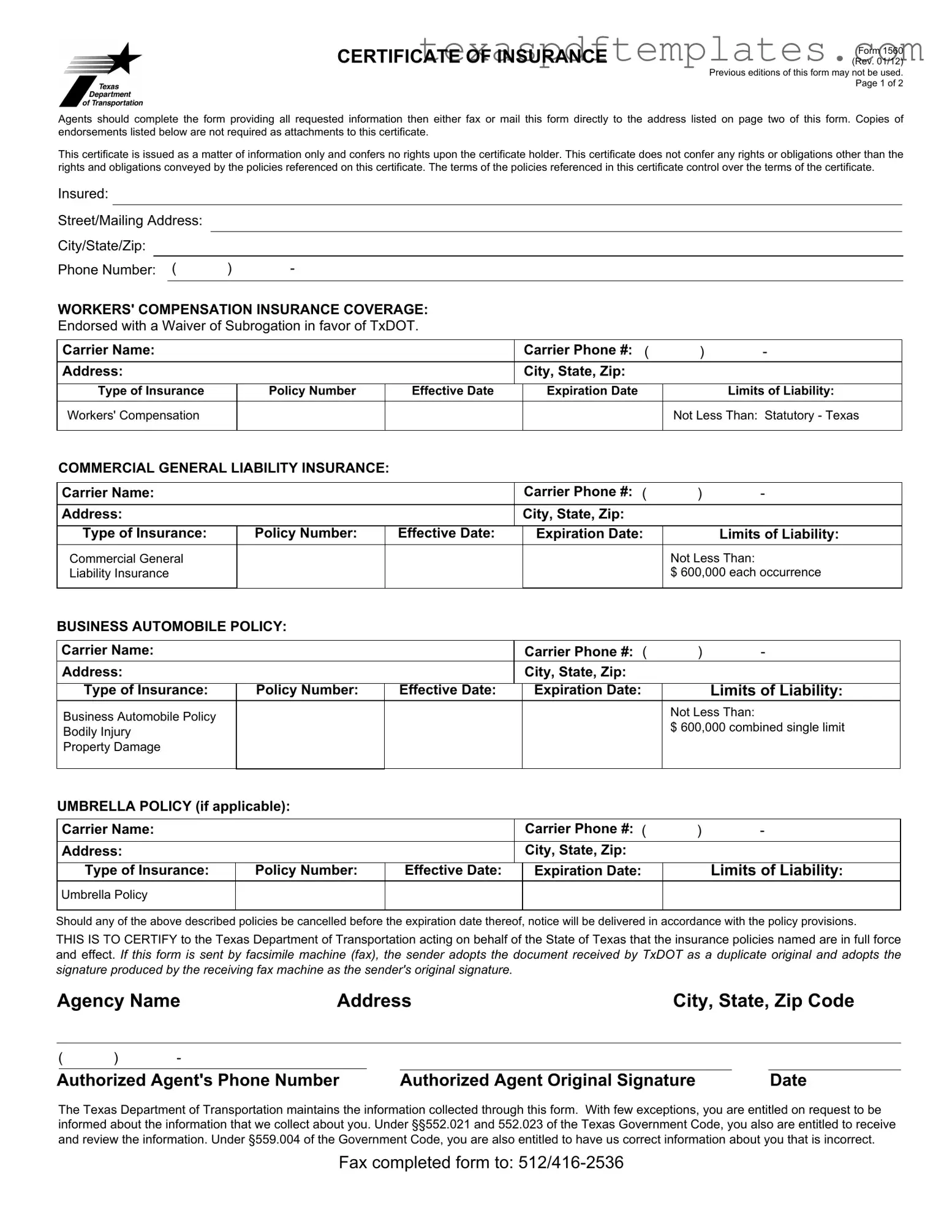 Blank Texas 1560 PDF Template