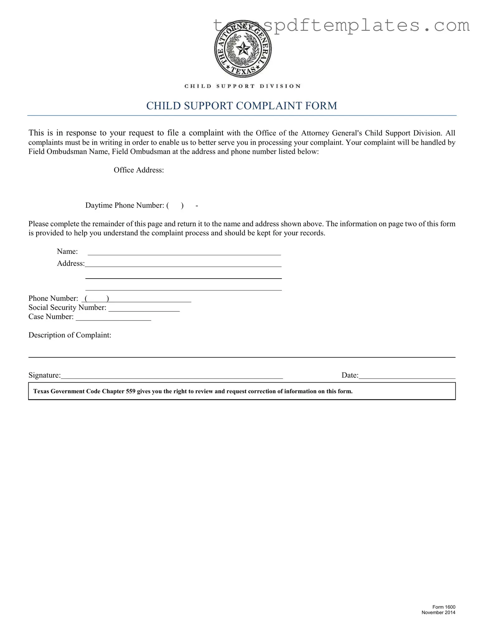 Blank Texas 1600 PDF Template