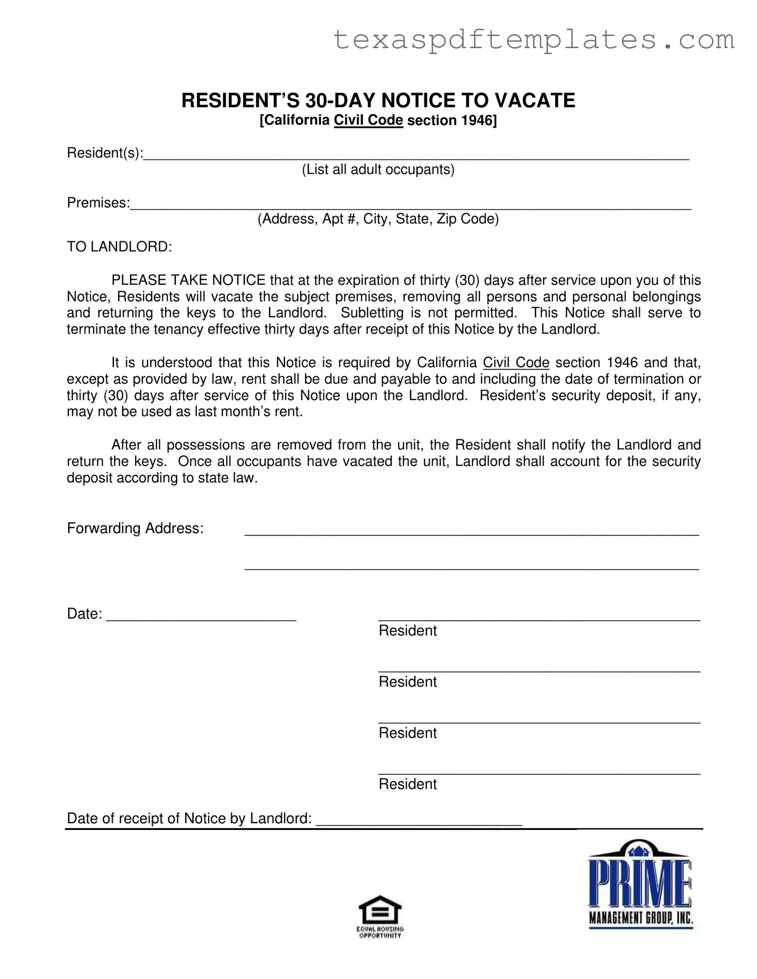 Blank Texas 30 Day Notice To Vacate PDF Template