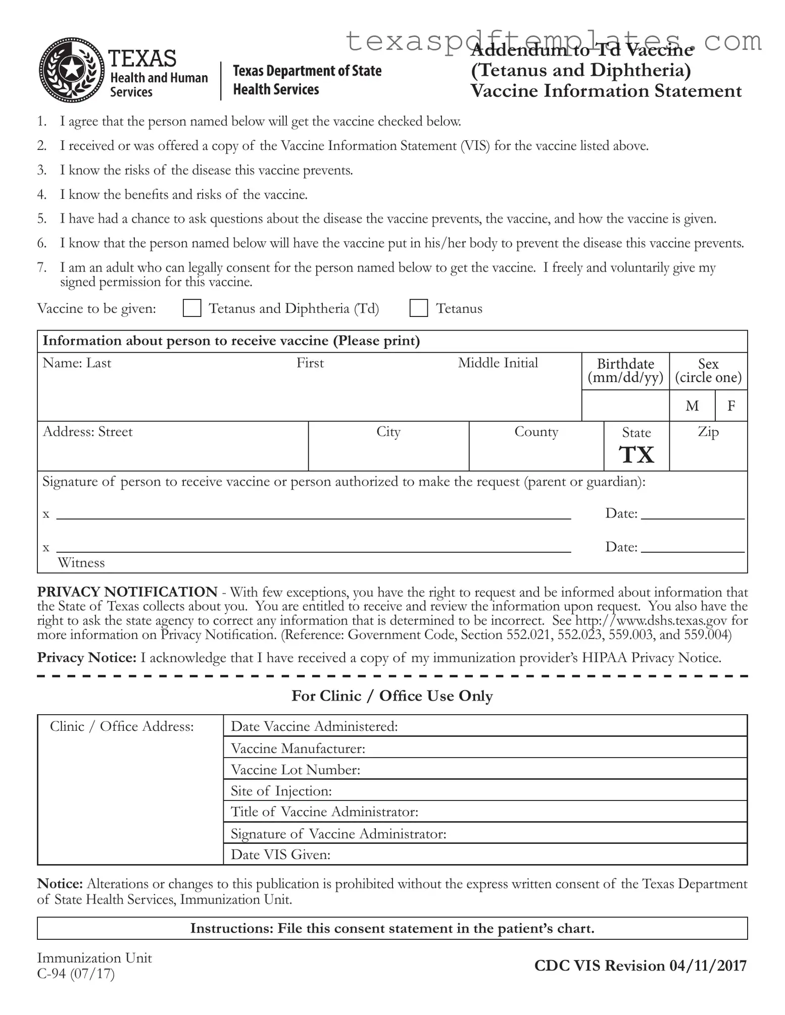 Blank Texas Addendum To Tdap Vaccine PDF Template