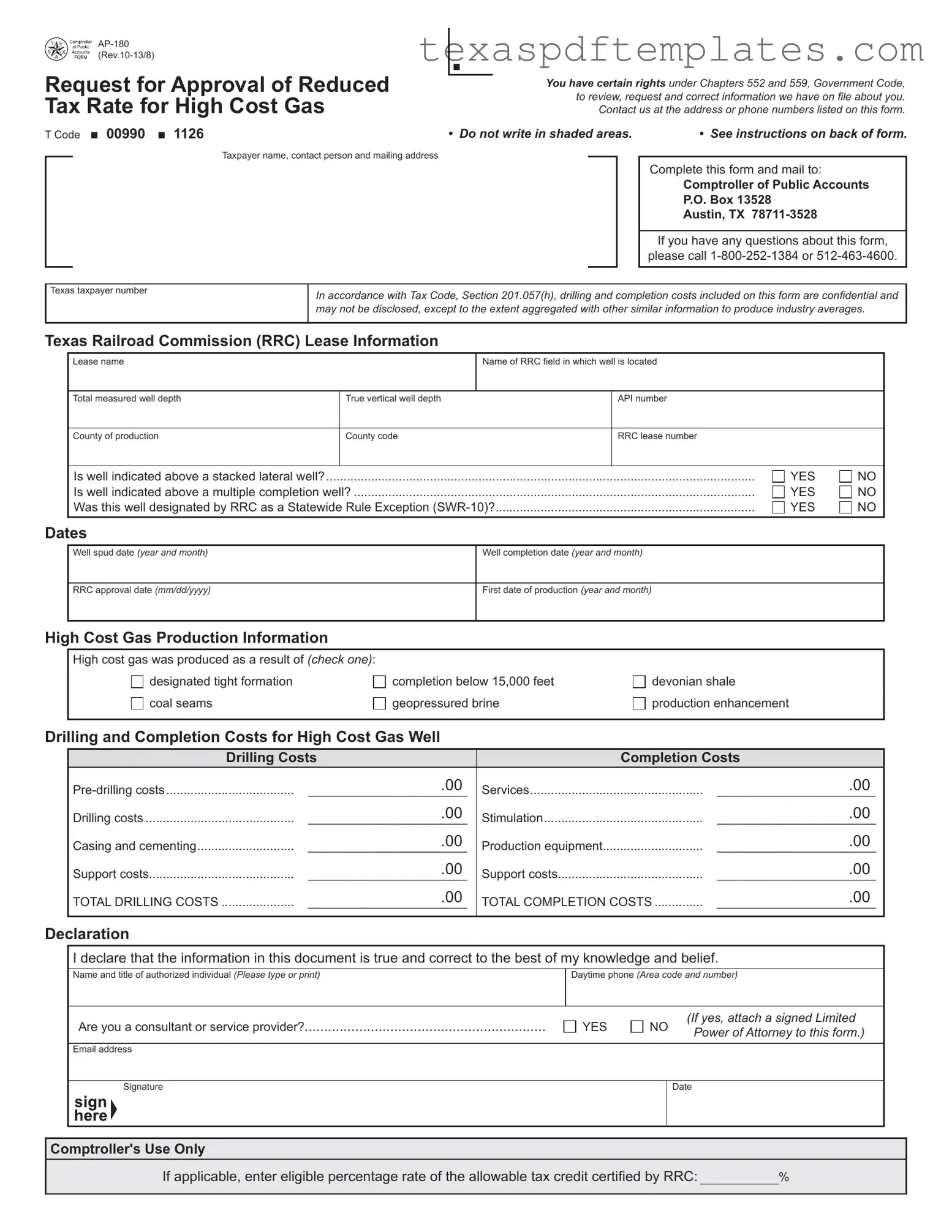 Blank Texas Ap 180 PDF Template