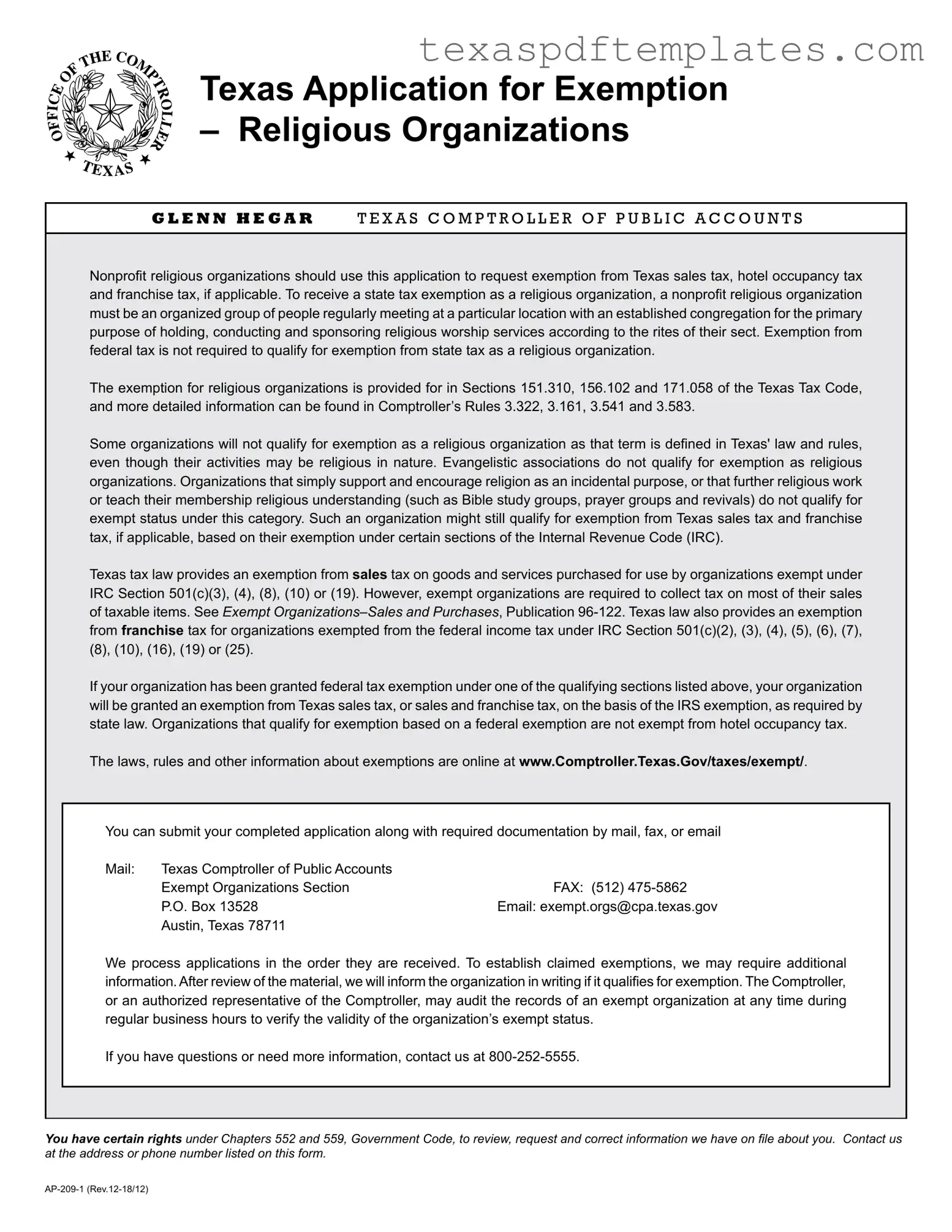 Blank Texas Application Exemption PDF Template