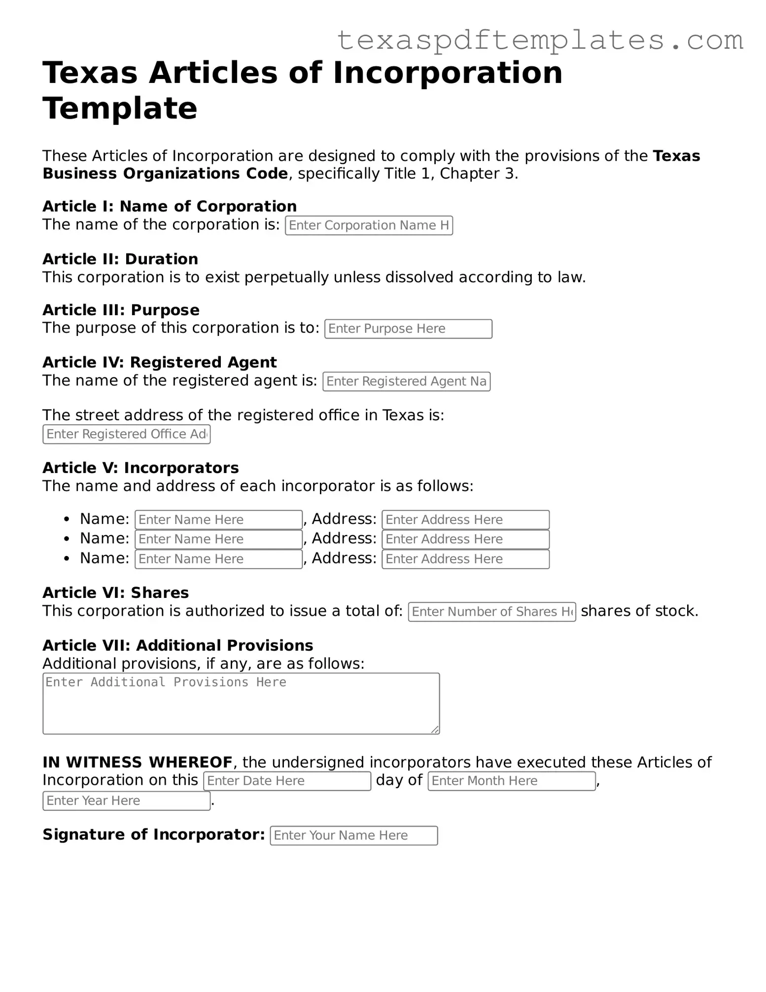 Attorney-Approved Texas Articles of Incorporation Template
