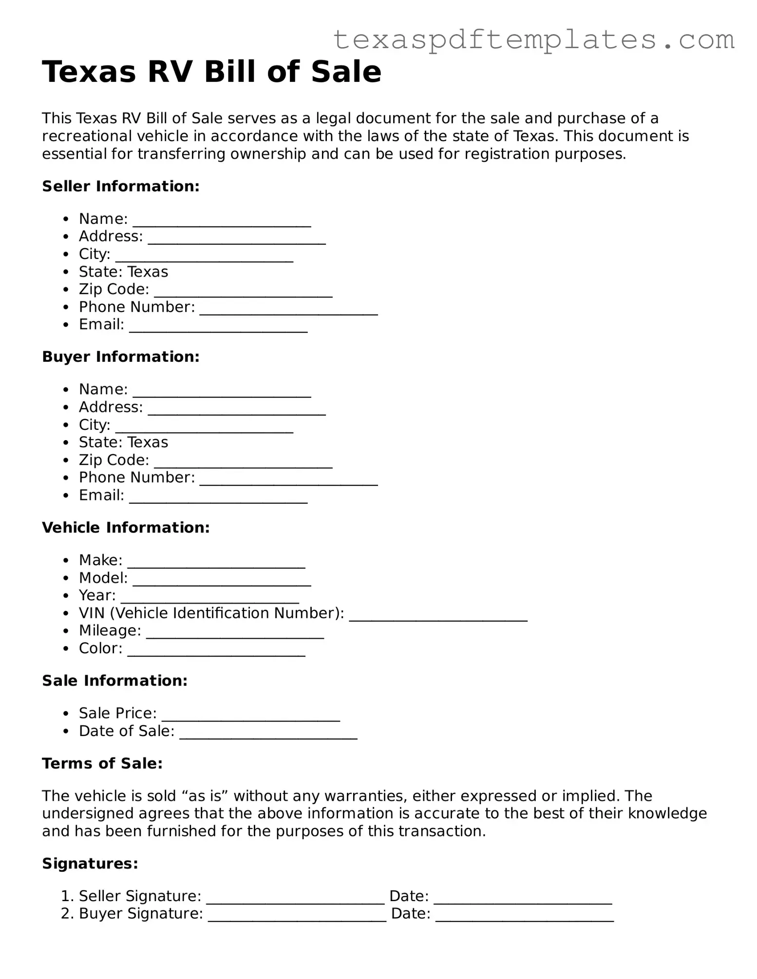 Attorney-Approved Texas RV Bill of Sale Template