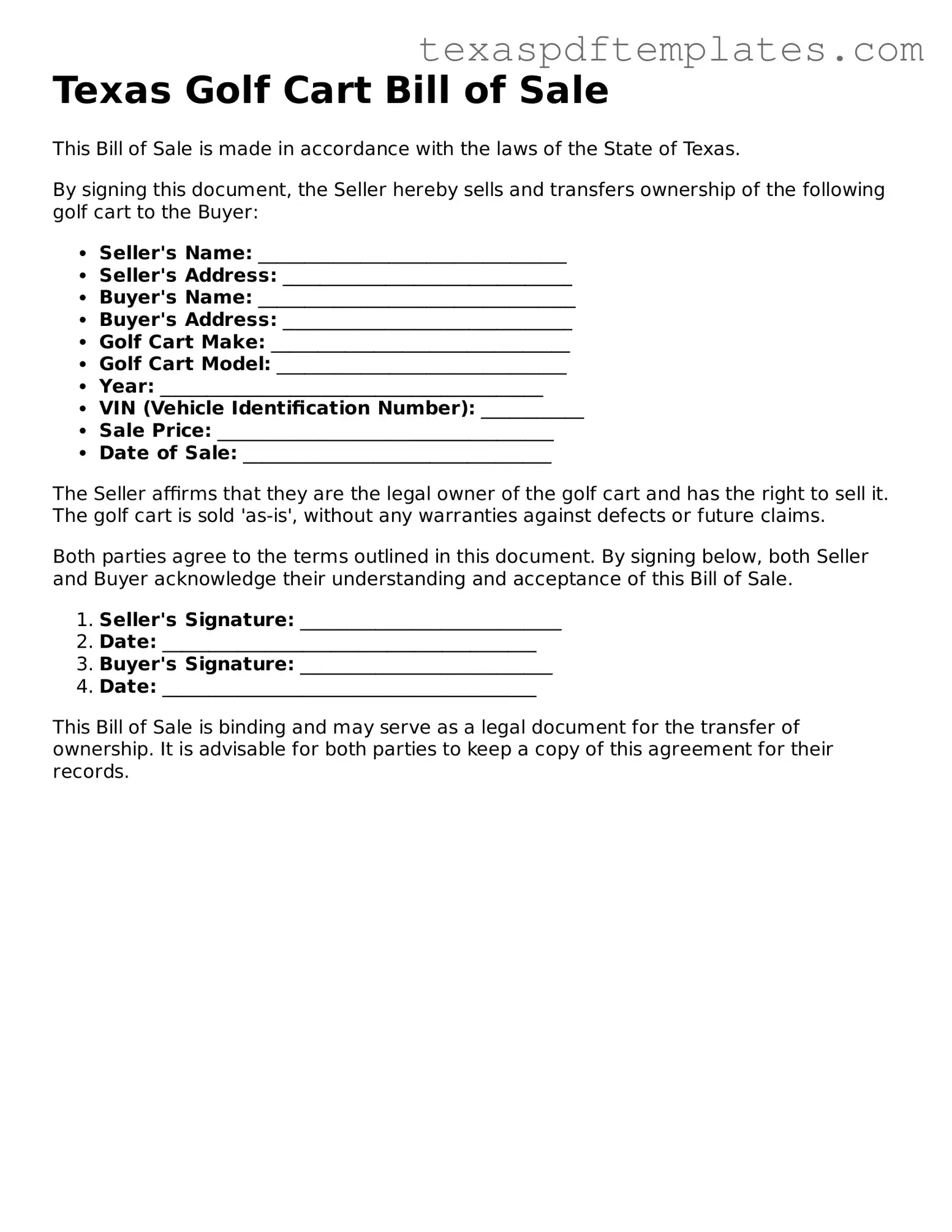 Attorney-Approved Texas Golf Cart Bill of Sale Template