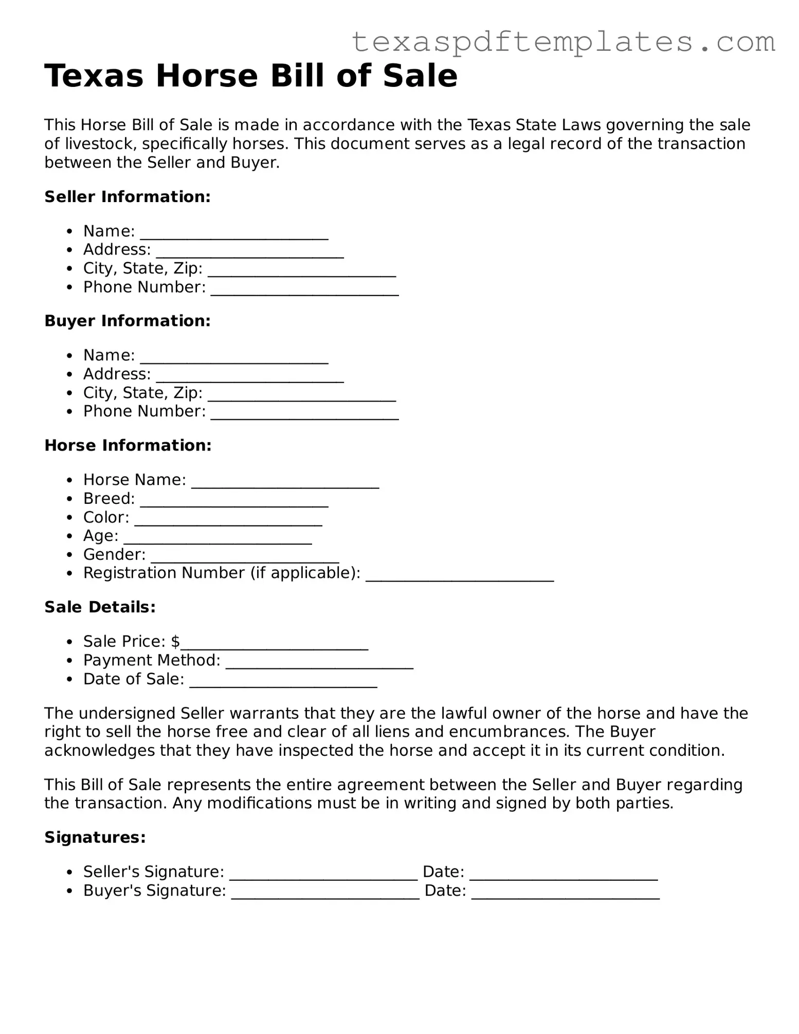 Attorney-Approved Texas Horse Bill of Sale Template