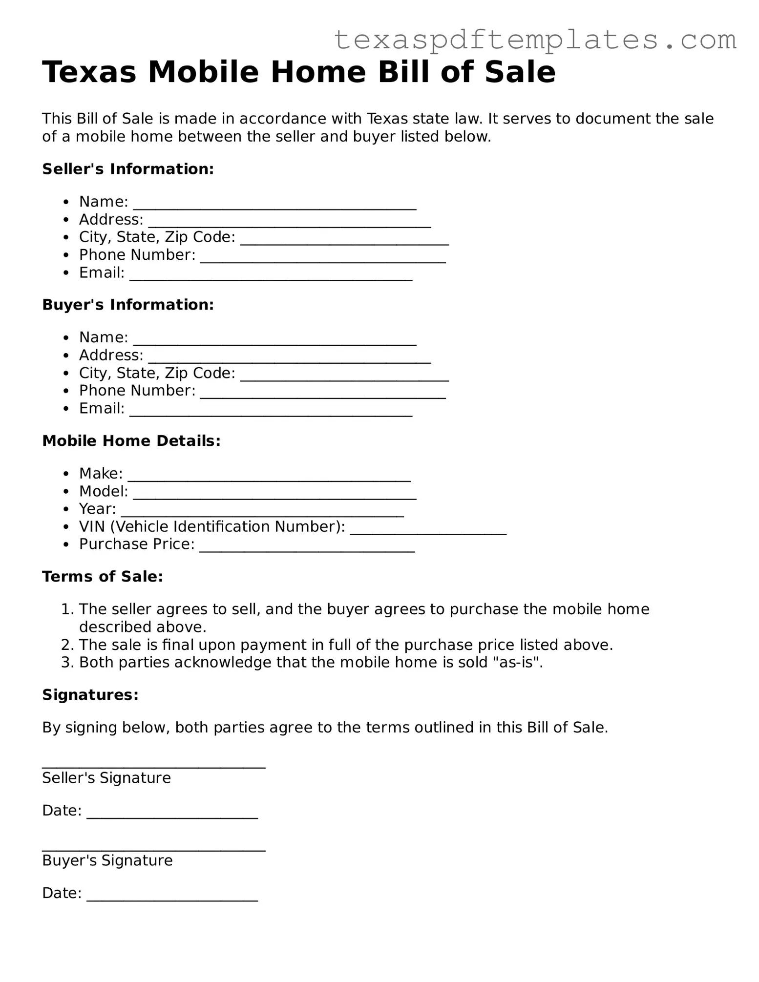 Attorney-Approved Texas Mobile Home Bill of Sale Template