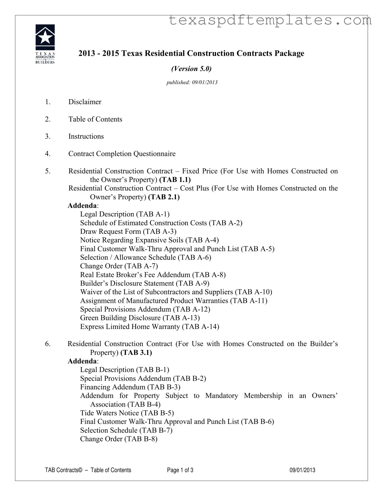 Blank Texas Builders Association Fixed Cost PDF Template
