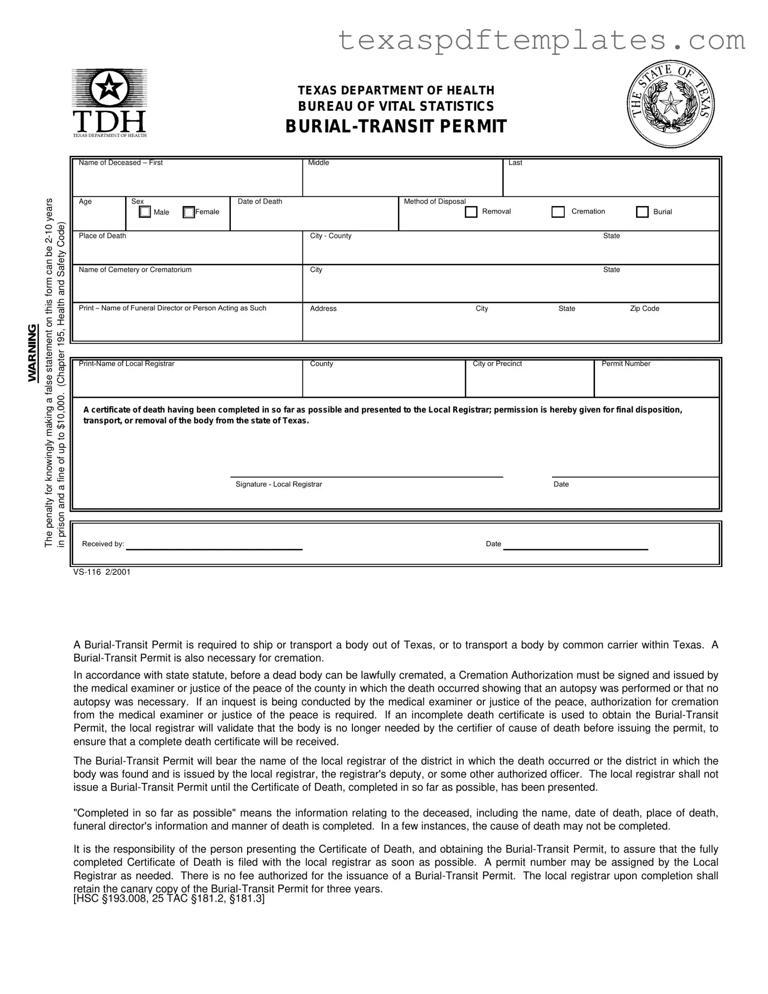Blank Texas Burial Transit Permit PDF Template