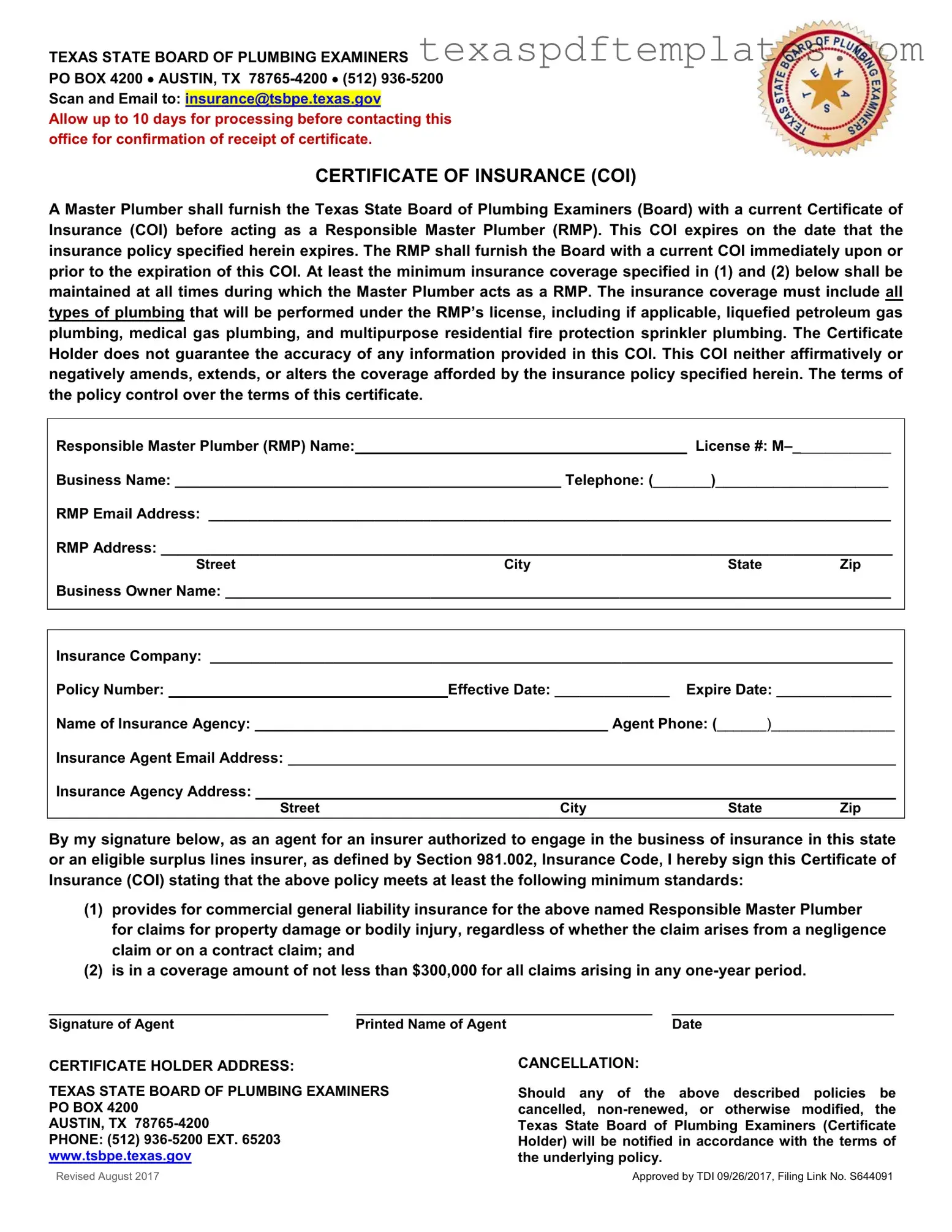 Blank Texas Certificate Insurance PDF Template