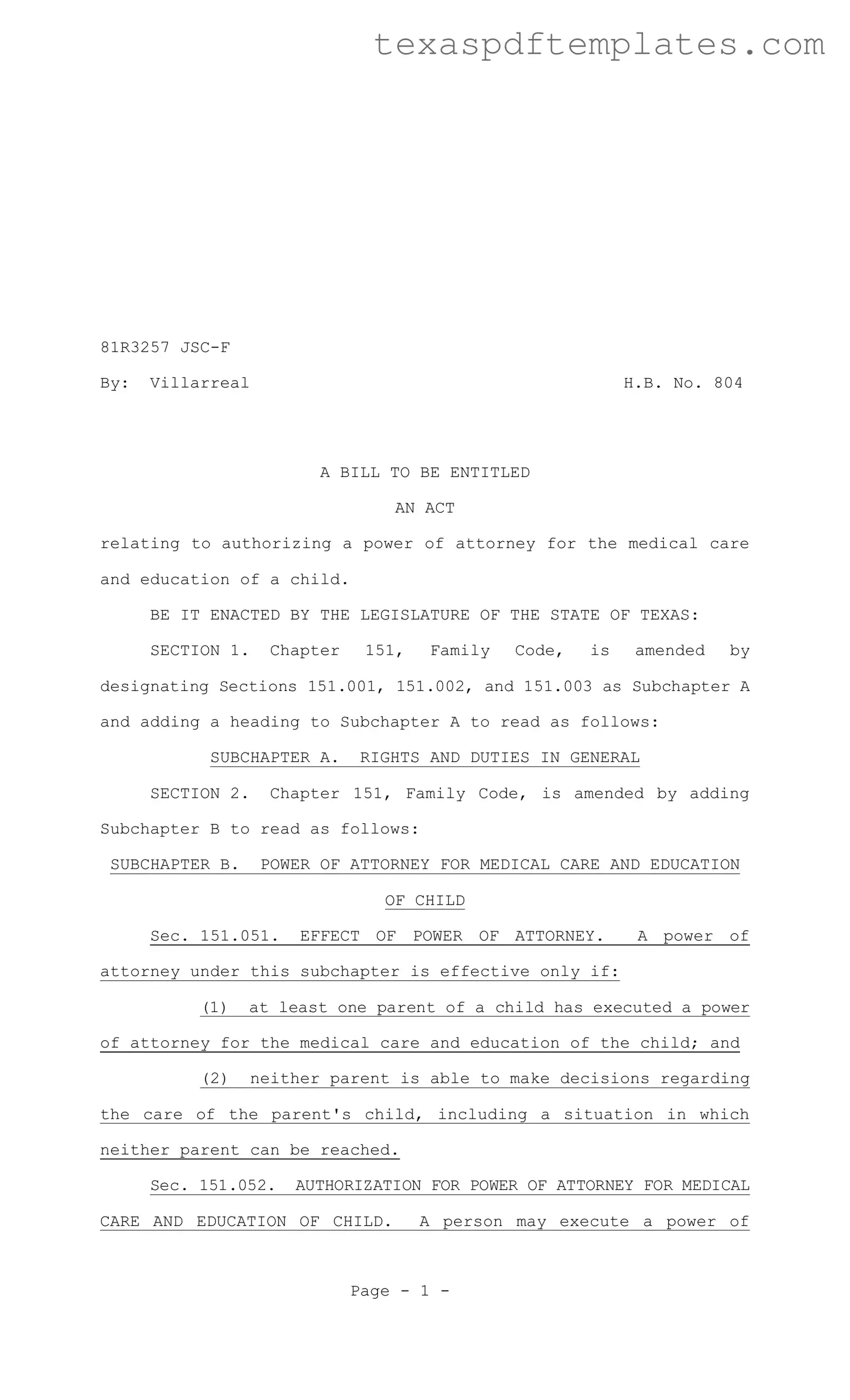Blank Texas Child Power of Attorney PDF Template