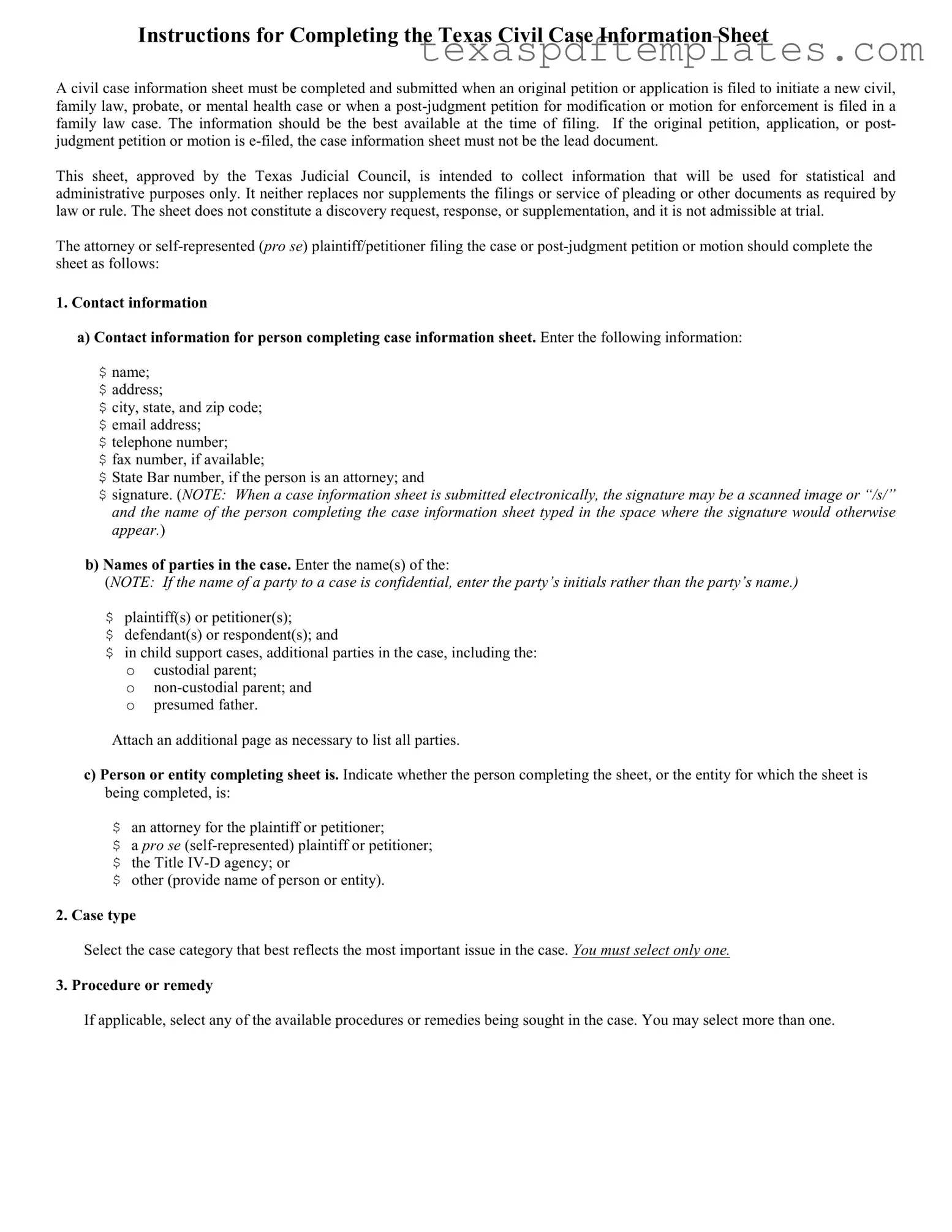Blank Texas Civil Case Information Sheet PDF Template