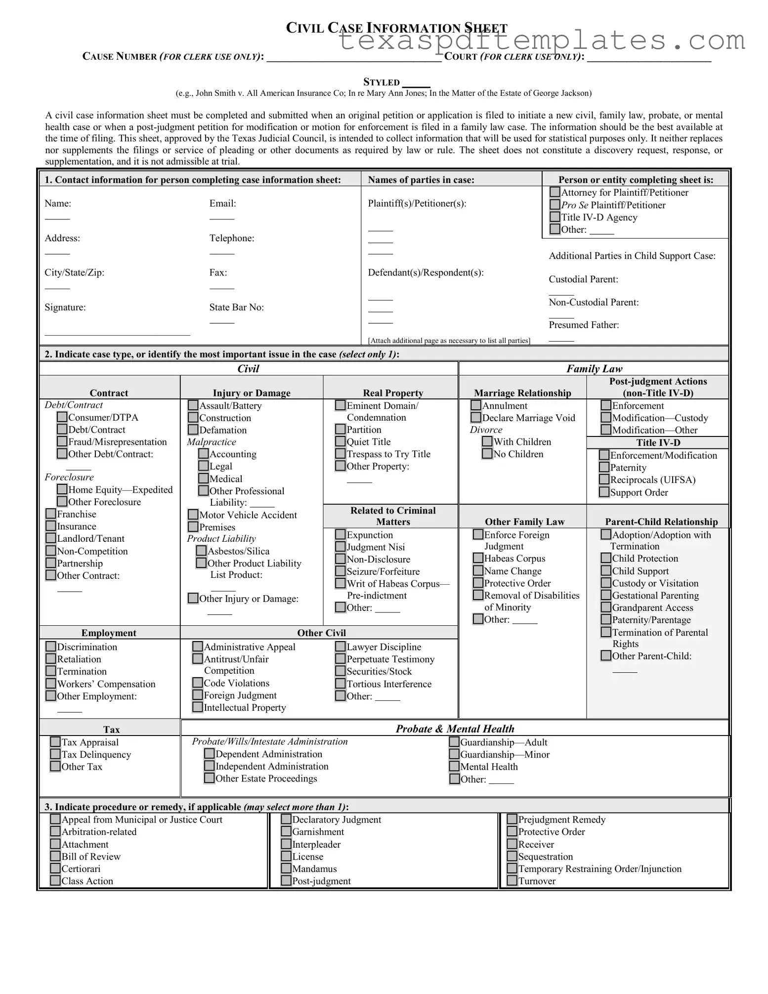 Blank Texas Civil Case PDF Template