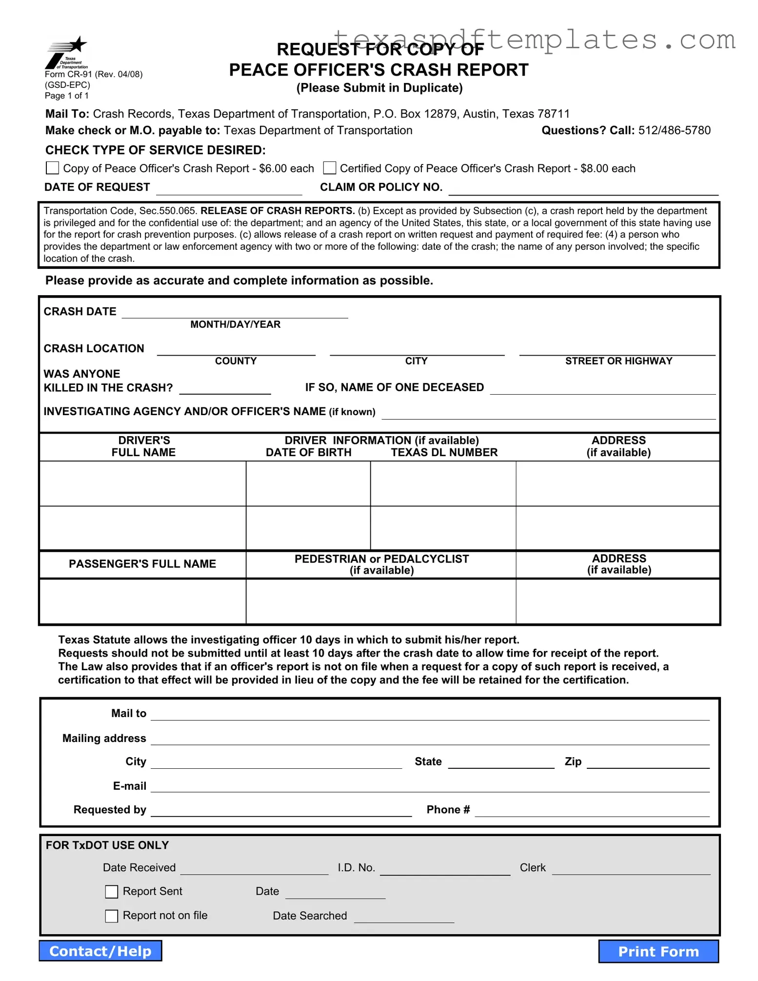 Blank Texas Cr 91 PDF Template