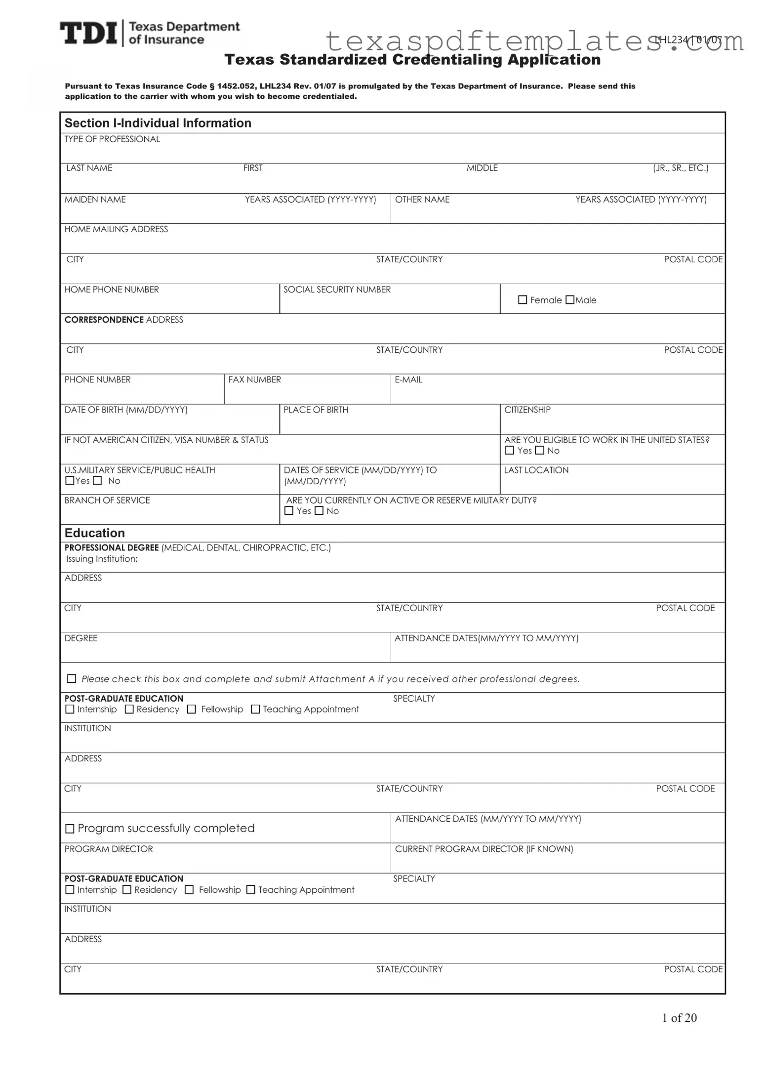 Blank Texas Credentialing Application PDF Template