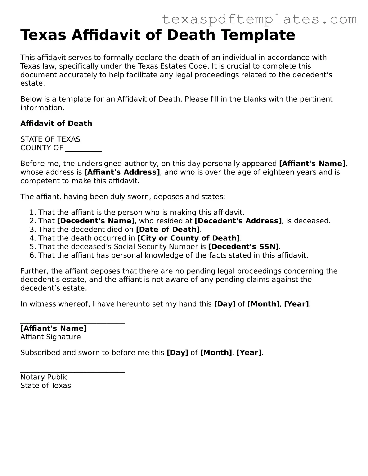 Attorney-Approved Texas Affidavit of Death Template