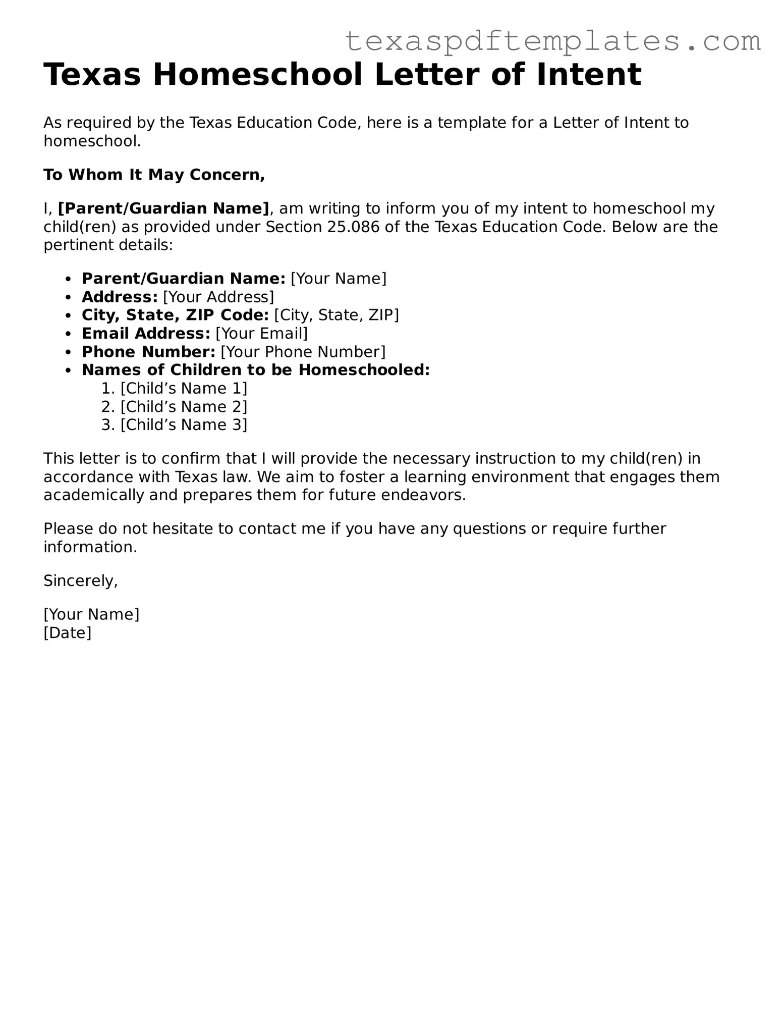Attorney-Approved Texas Homeschool Letter of Intent Template