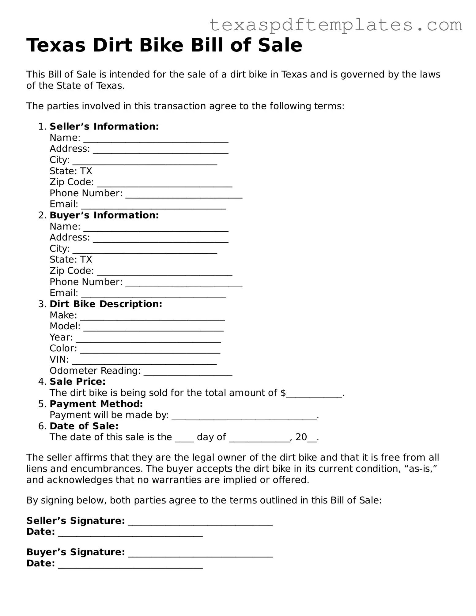 Attorney-Approved Texas Dirt Bike Bill of Sale Template