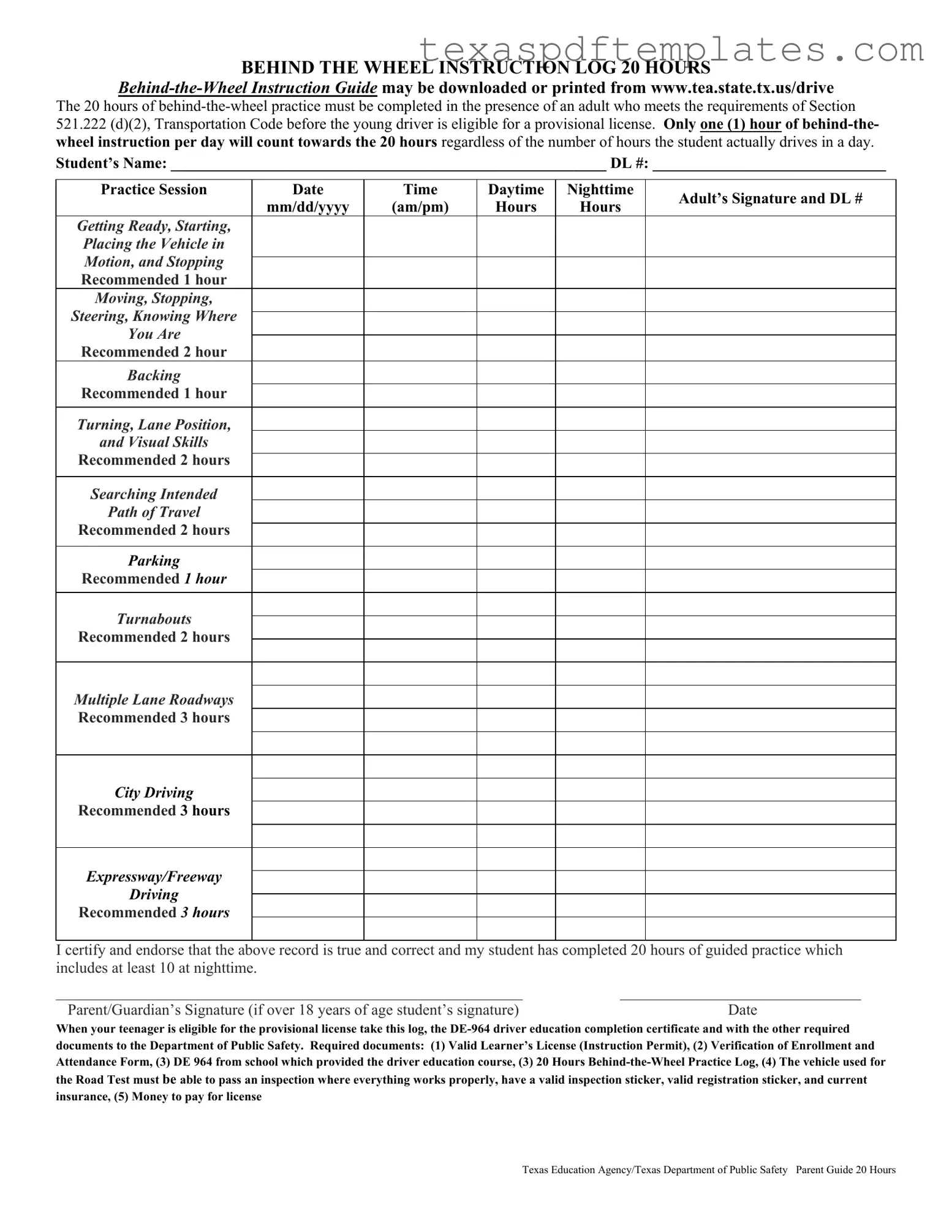 Blank Texas Dps Driving Log PDF Template