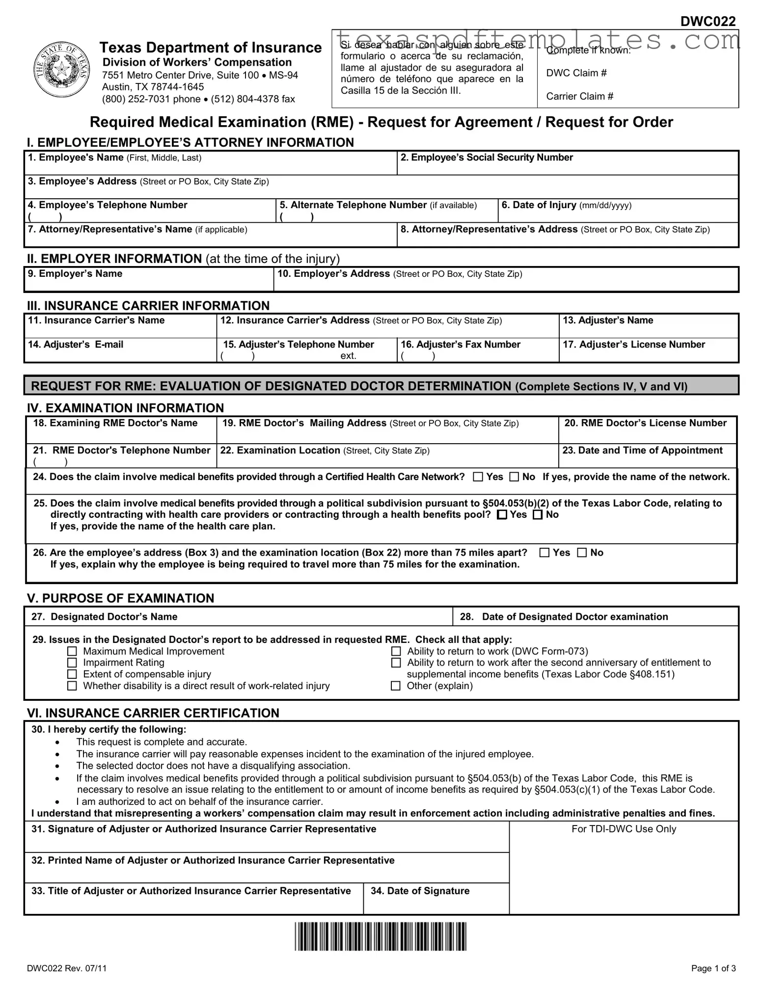 Blank Texas Dwc022 PDF Template