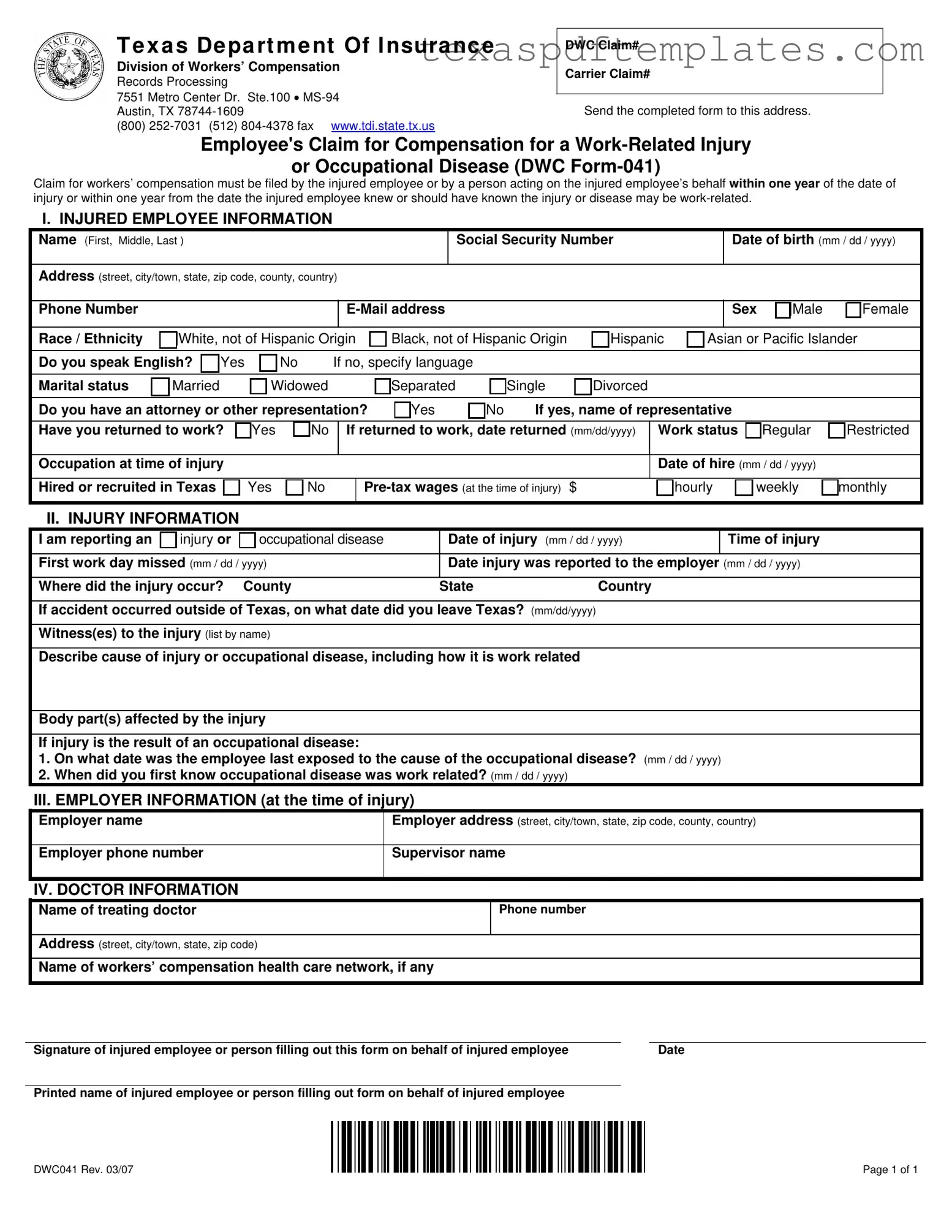 Blank Texas Dwc041 PDF Template