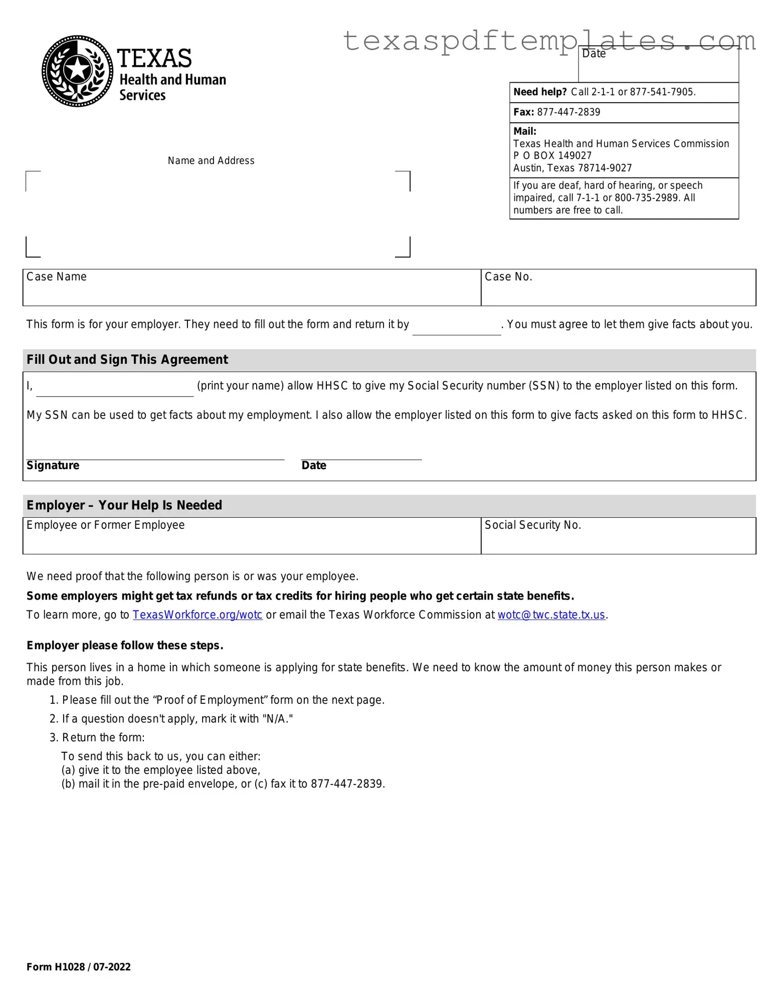Blank Texas Employment Verification PDF Template