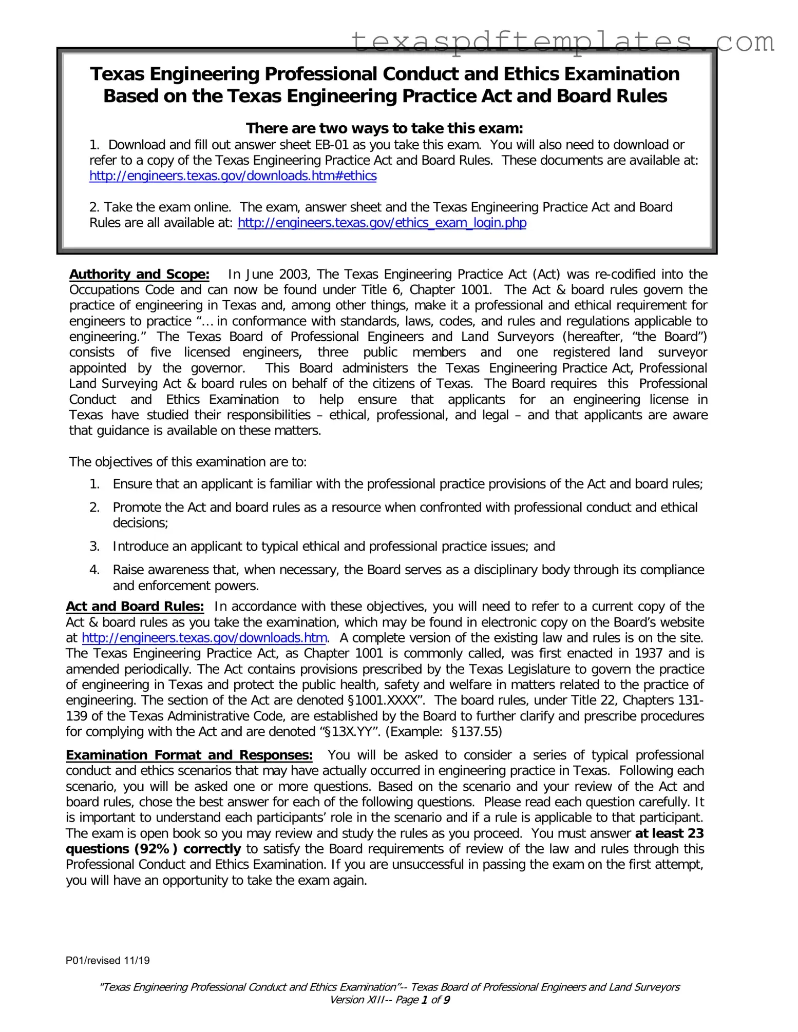 Blank Texas Ethics Of Engineering Exam PDF Template